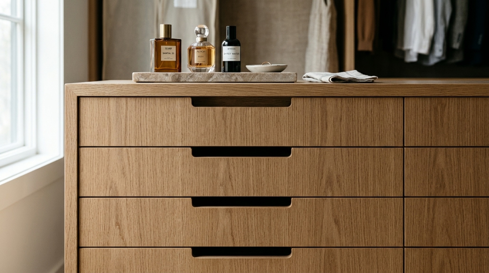 Close-up of bespoke built in dresser ideas for closets with mitered edge detailing, finger-pull drawers, and a curated display of designer accessories on a Jura Grey stone surface.
