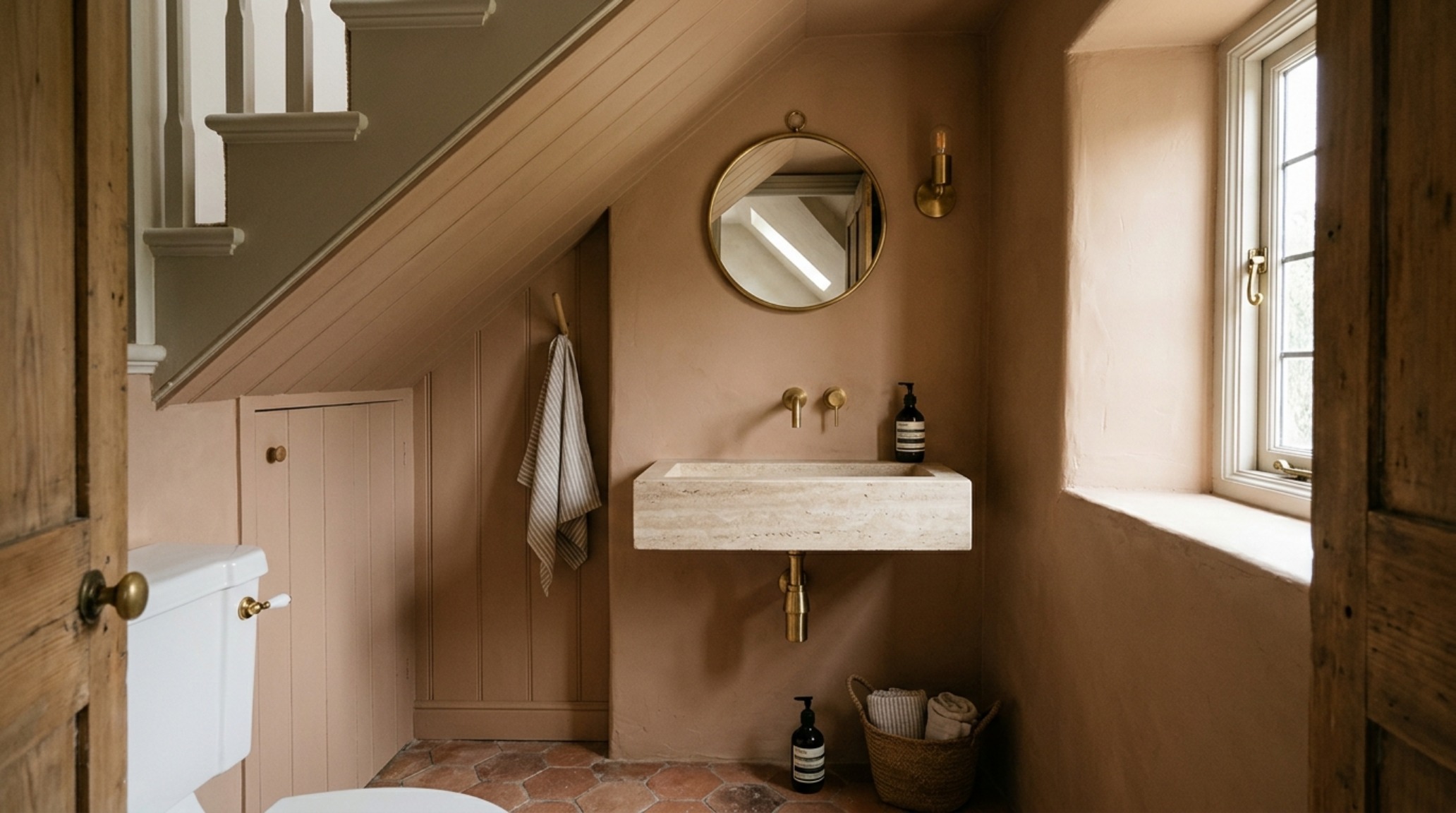 Architectural view of a small half bath showing the dramatic sloped ceiling finished in hand-applied limewash, with a minimalist pendant light casting soft shadows across a honed travertine countertop. Architectural view of a small half bath showing the dramatic sloped ceiling finished in hand-applied limewash, with a minimalist pendant light casting soft shadows across a honed travertine countertop.