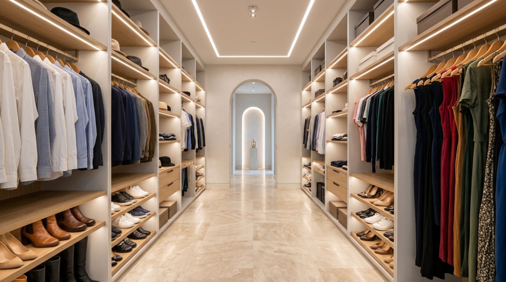Symmetry in a custom closet design featuring dual hanging zones, integrated shoe shelving with 12-inch depth, and soft-glow backlighting for a high-end editorial feel.