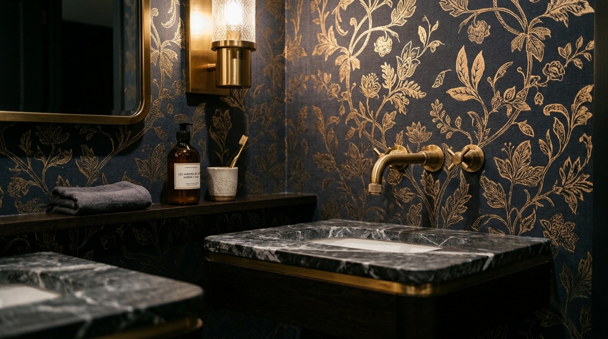 Design-focused perspective of a powder room under stairs wallpaper with a delicate metallic floral pattern, paired with a wall-mounted brushed gold faucet and a vessel sink in matte white ceramic. Design-focused perspective of a powder room under stairs wallpaper with a delicate metallic floral pattern, paired with a wall-mounted brushed gold faucet and a vessel sink in matte white ceramic.
