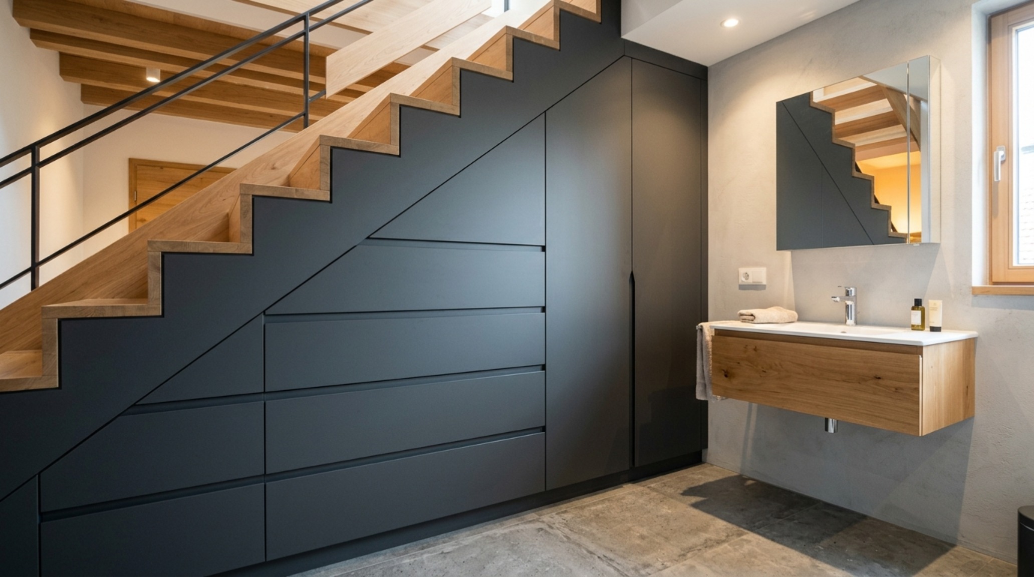 Close-up of bespoke hidden cabinetry under the stairs, showing the precision-milled drawer pulls and the seamless integration with the surrounding architectural millwork. Close-up of bespoke hidden cabinetry under the stairs, showing the precision-milled drawer pulls and the seamless integration with the surrounding architectural millwork.