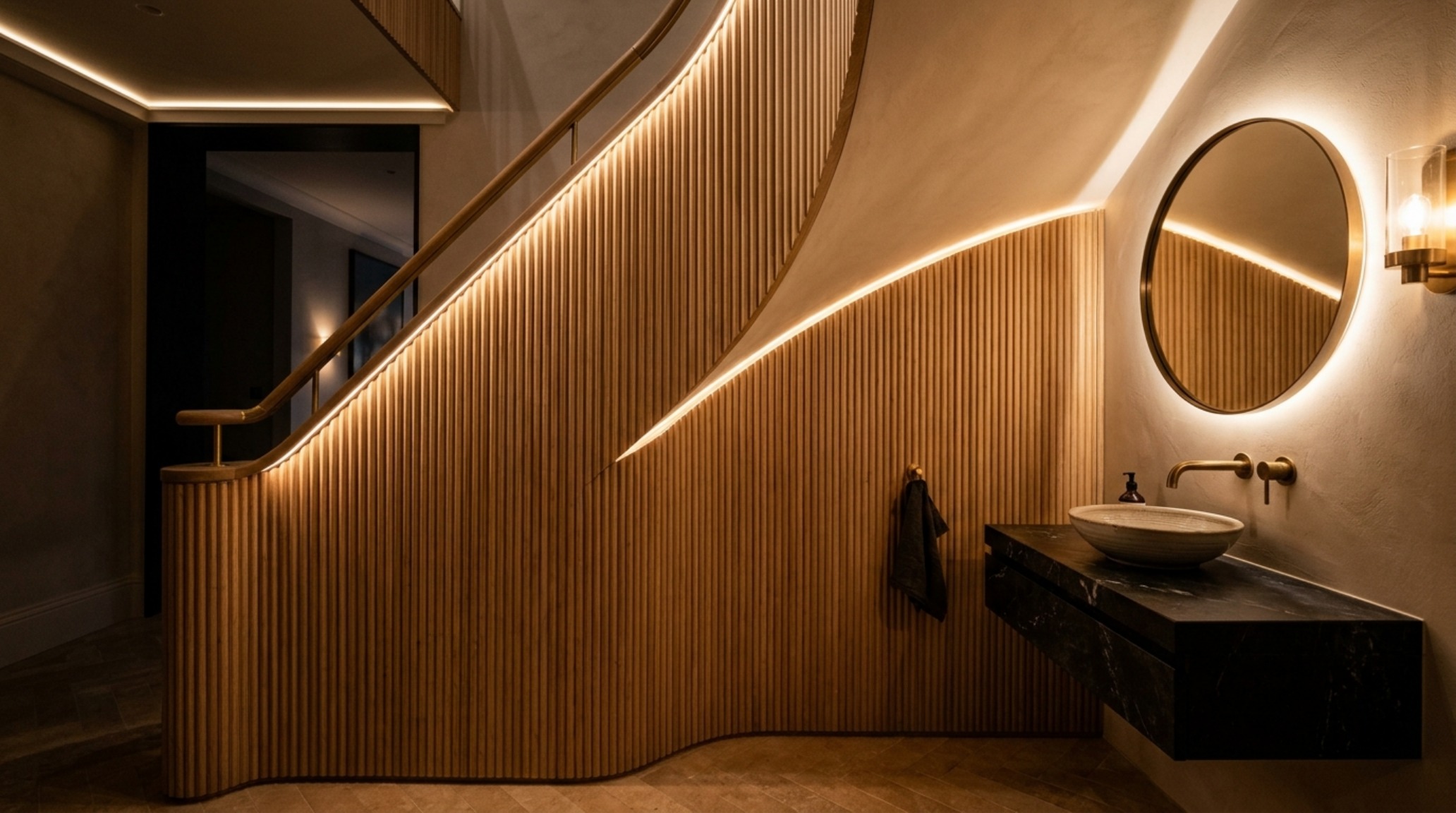 Nighttime atmospheric lighting in an under stairs bathroom, featuring a warm 2700K glow from floor-level LED strips that illuminate the path and emphasize the room's depth. Nighttime atmospheric lighting in an under stairs bathroom, featuring a warm 2700K glow from floor-level LED strips that illuminate the path and emphasize the room's depth.