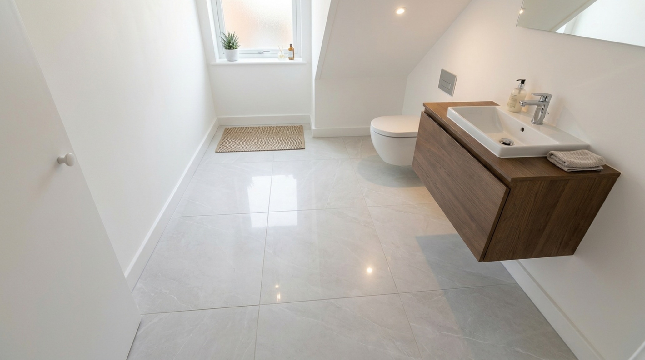 Spatial layout view of a powder room under stairs showing the 36-inch walkway clearance and the efficient positioning of a wall-hung vanity to maximize floor visibility. Spatial layout view of a powder room under stairs showing the 36-inch walkway clearance and the efficient positioning of a wall-hung vanity to maximize floor visibility.