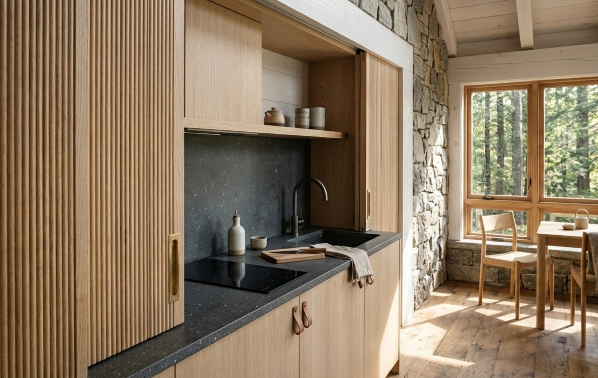 A bespoke 'Ghost Kitchen' in a minimalist compact cabin featuring fluted white oak pocket doors and integrated high-end appliances.