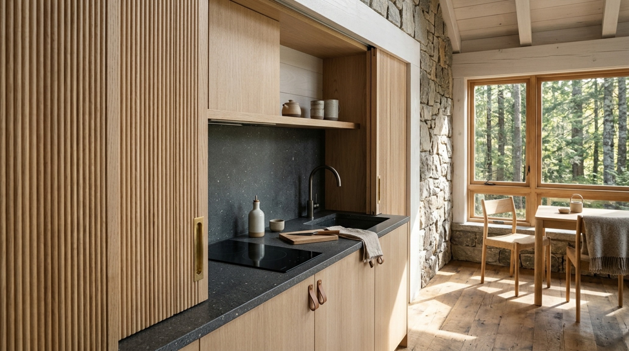 A bespoke 'Ghost Kitchen' in a minimalist compact cabin featuring fluted white oak pocket doors and integrated high-end appliances. A bespoke 'Ghost Kitchen' in a minimalist compact cabin featuring fluted white oak pocket doors and integrated high-end appliances.