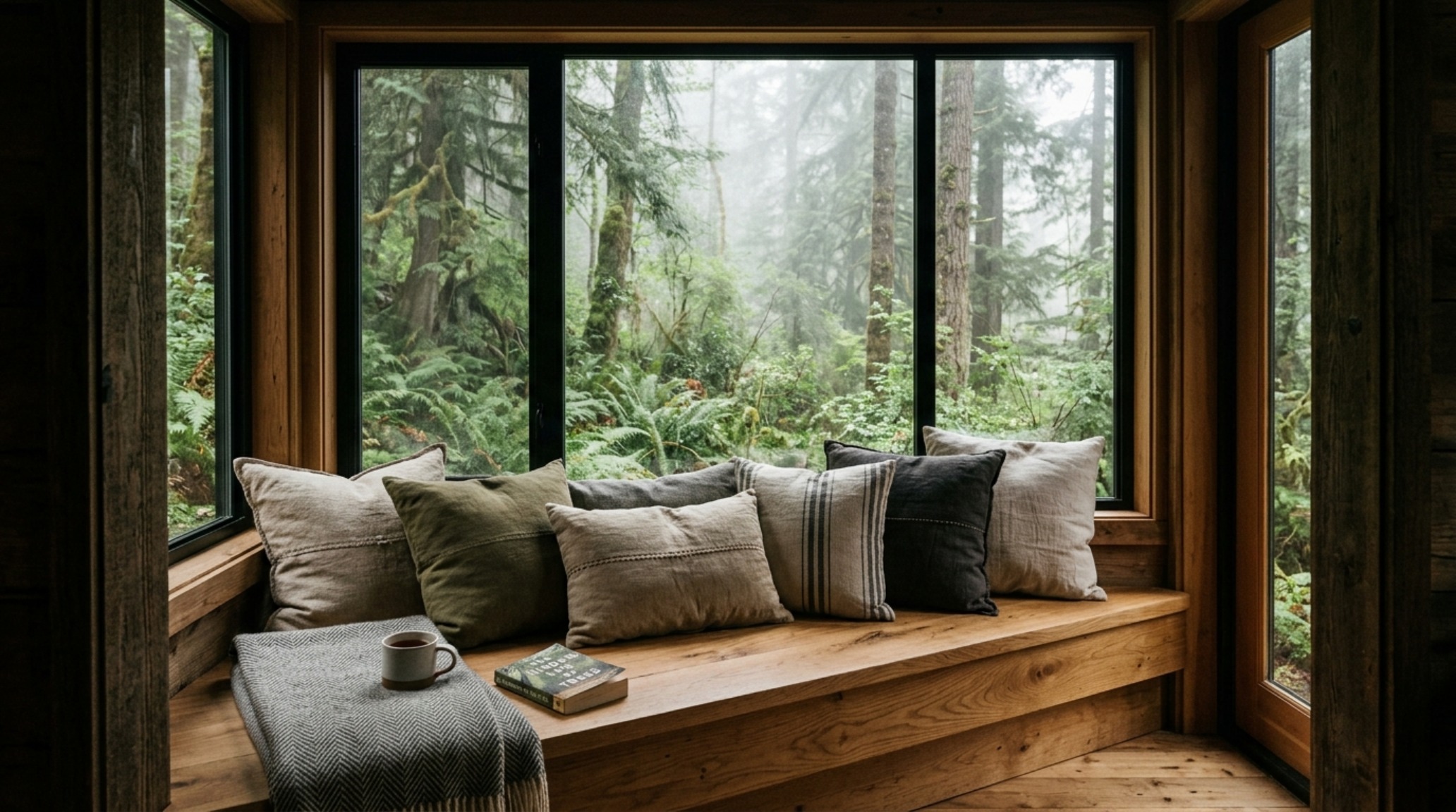 A biophilic minimalist cabin design featuring a deep window seat with views of a pine forest and integrated storage drawers. A biophilic minimalist cabin design featuring a deep window seat with views of a pine forest and integrated storage drawers.