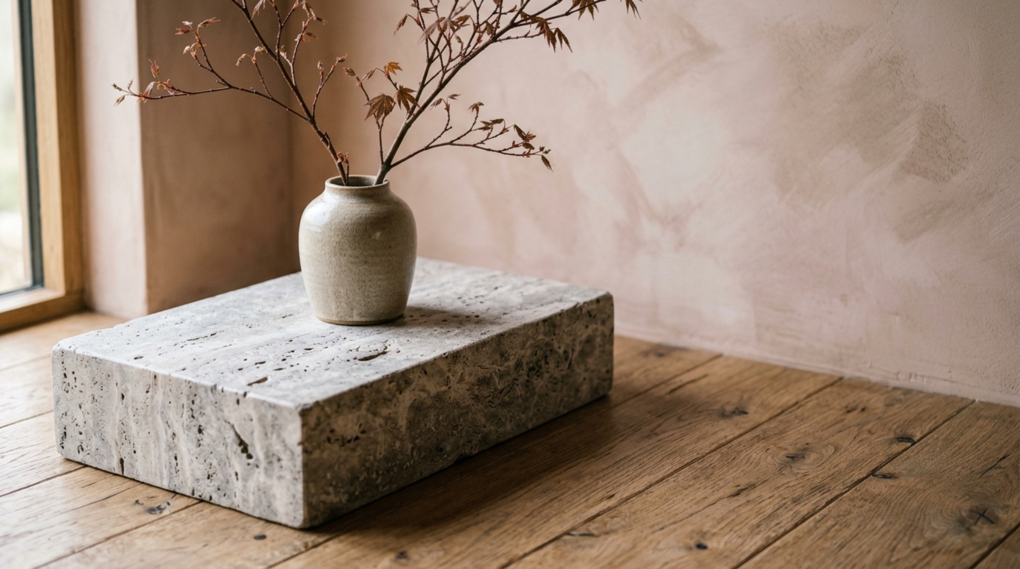 Tactile material detail of a honed travertine side table against a limewash wall in a Scandinavian retreat design. Tactile material detail of a honed travertine side table against a limewash wall in a Scandinavian retreat design.