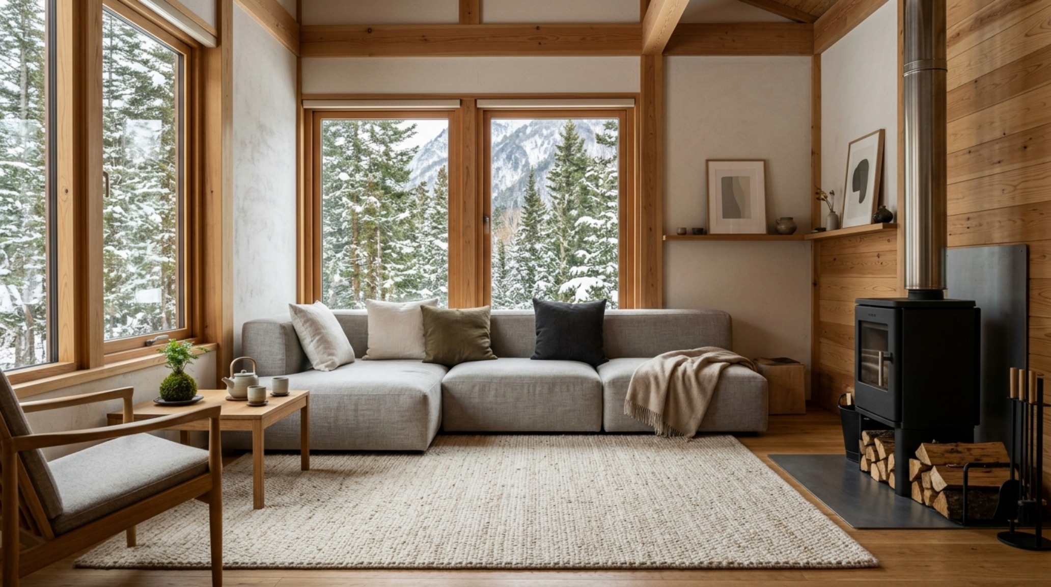 Japandi mountain retreat decor with low-profile floor seating, a raw linen rug, and a minimalist black steel fireplace. Japandi mountain retreat decor with low-profile floor seating, a raw linen rug, and a minimalist black steel fireplace.