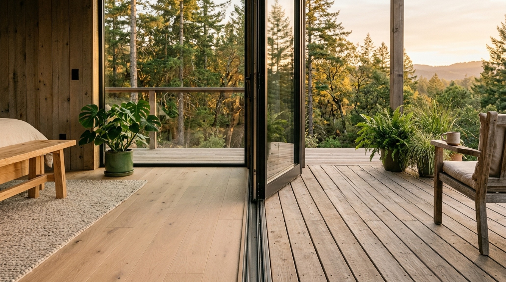 Modern forest cabin interior styling showing a seamless transition between indoor oak flooring and an outdoor cedar deck. Modern forest cabin interior styling showing a seamless transition between indoor oak flooring and an outdoor cedar deck.