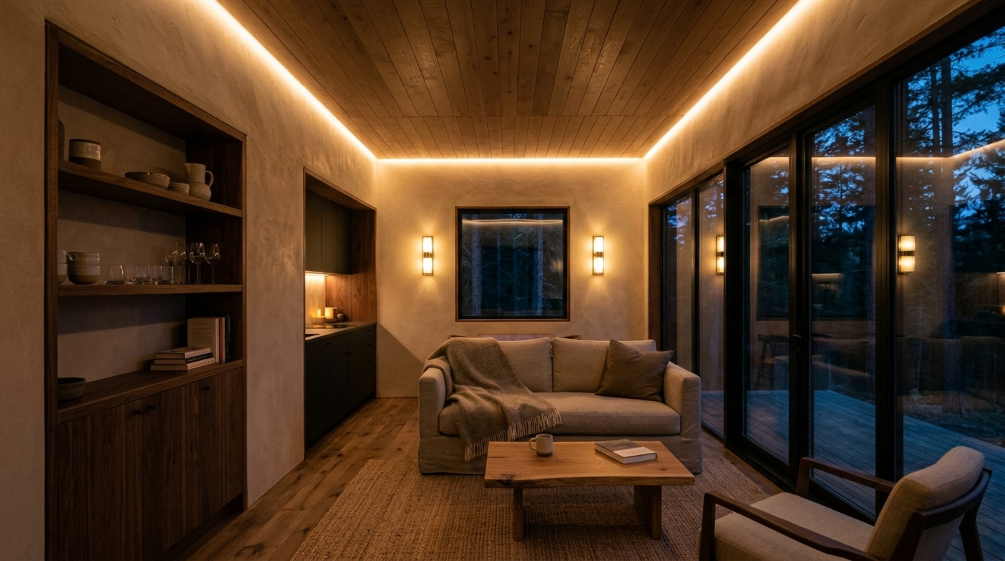 High-performing sustainable small living interior with clerestory windows and passive solar design elements in a forest setting. High-performing sustainable small living interior with clerestory windows and passive solar design elements in a forest setting.