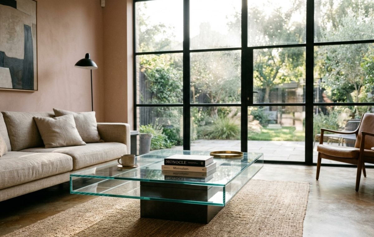 A minimalist living room featuring a floating architectural glass coffee table with 12mm polished edges, highlighting unbroken sightlines and visual weightlessness.