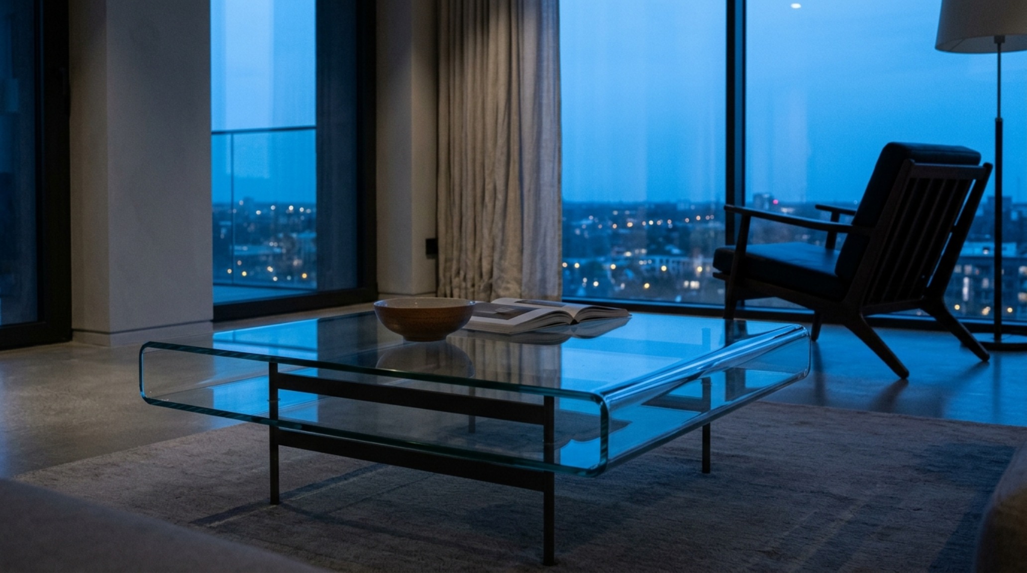 High-CRI 95+ lighting illuminating a glass coffee table, rendering the textures of a slate charcoal floor and Swiss Coffee walls with precision. High-CRI 95+ lighting illuminating a glass coffee table, rendering the textures of a slate charcoal floor and Swiss Coffee walls with precision.