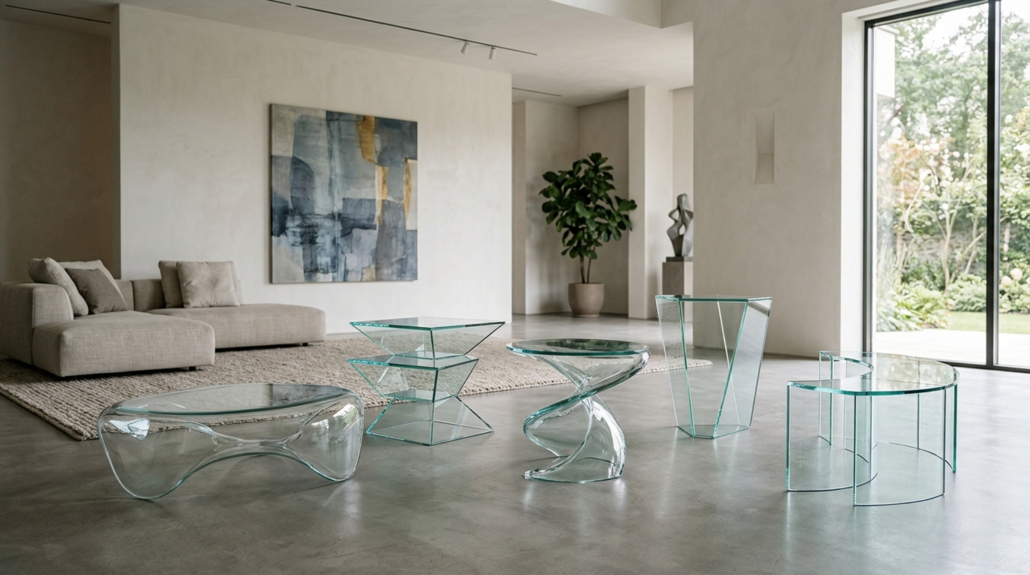 Modern transparent decor: a large rectangular glass table framing a detailed Persian rug, preserving the integrity of the textile design. Modern transparent decor: a large rectangular glass table framing a detailed Persian rug, preserving the integrity of the textile design.