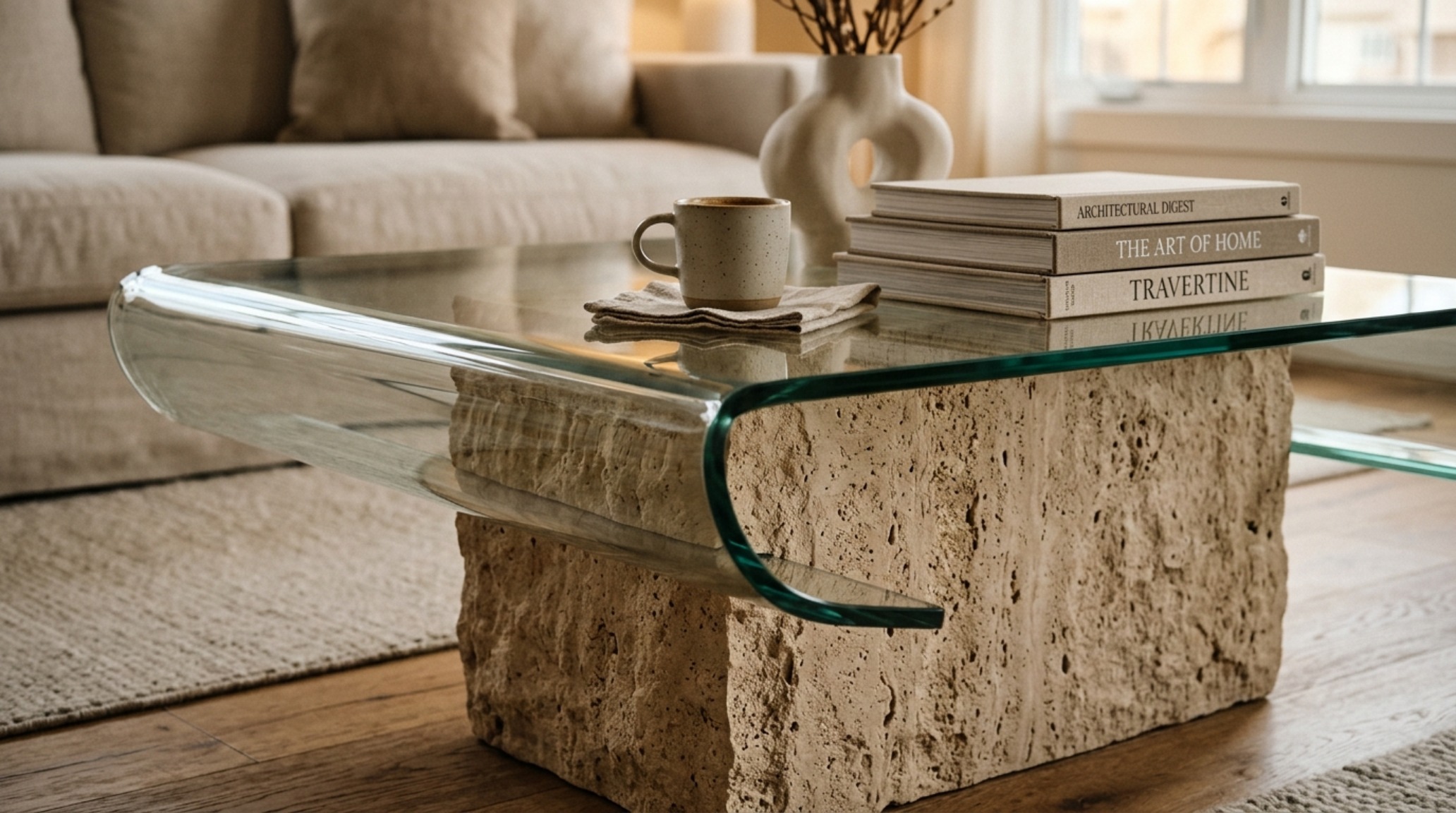Tactile contrast in organic modernism: a thick tempered glass tabletop resting on a monolithic honed travertine base against limewash walls. Tactile contrast in organic modernism: a thick tempered glass tabletop resting on a monolithic honed travertine base against limewash walls.