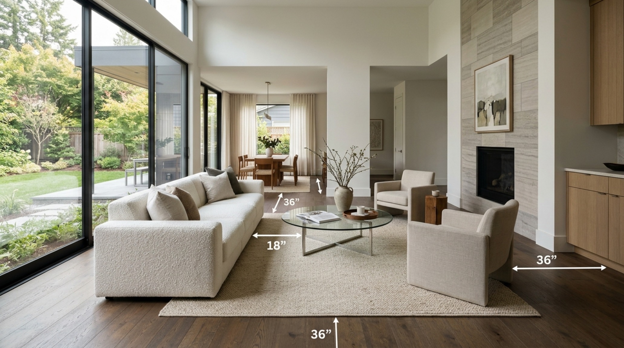 Spatial design solution showing a 36-inch walkway clearance around a curved glass coffee table, optimizing flow in a compact high-end apartment. Spatial design solution showing a 36-inch walkway clearance around a curved glass coffee table, optimizing flow in a compact high-end apartment.