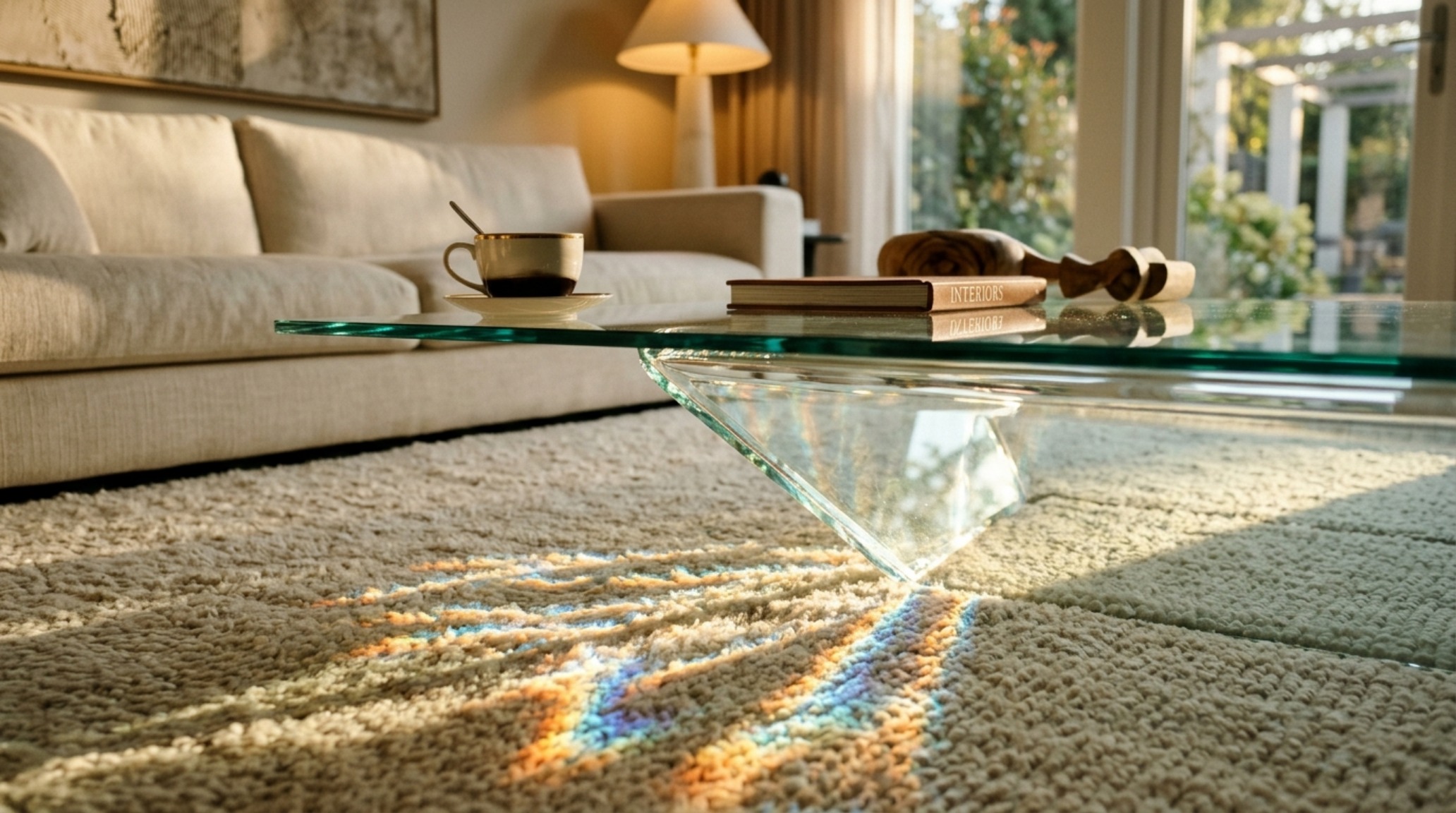Refractive shadow play from a glass coffee table under 2700K warm ambient lighting, creating soft caustics on a hand-knotted neutral rug. Refractive shadow play from a glass coffee table under 2700K warm ambient lighting, creating soft caustics on a hand-knotted neutral rug.