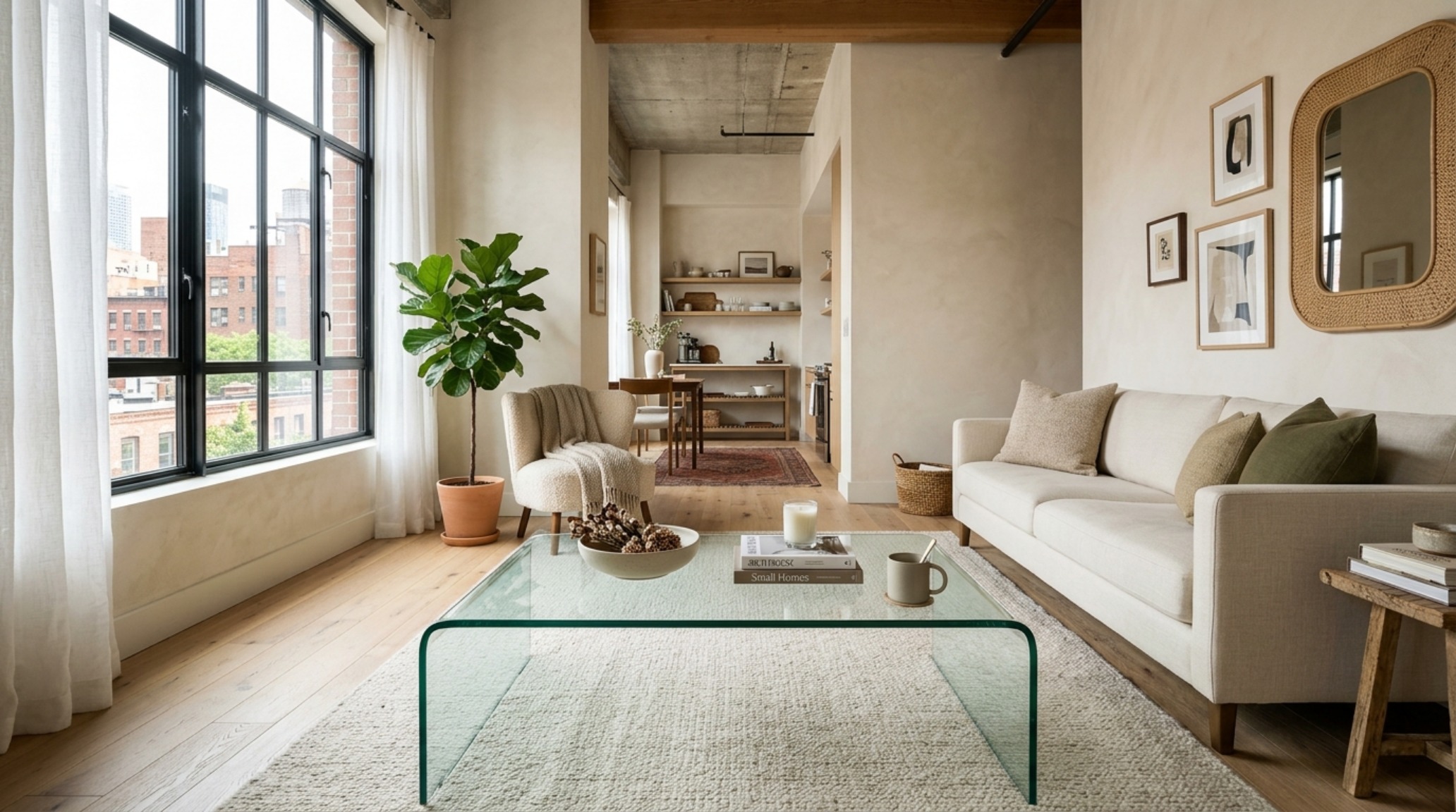 Small living room glass furniture hack using a waterfall-edge clear acrylic table to maintain the appearance of expansive floor space. Small living room glass furniture hack using a waterfall-edge clear acrylic table to maintain the appearance of expansive floor space.