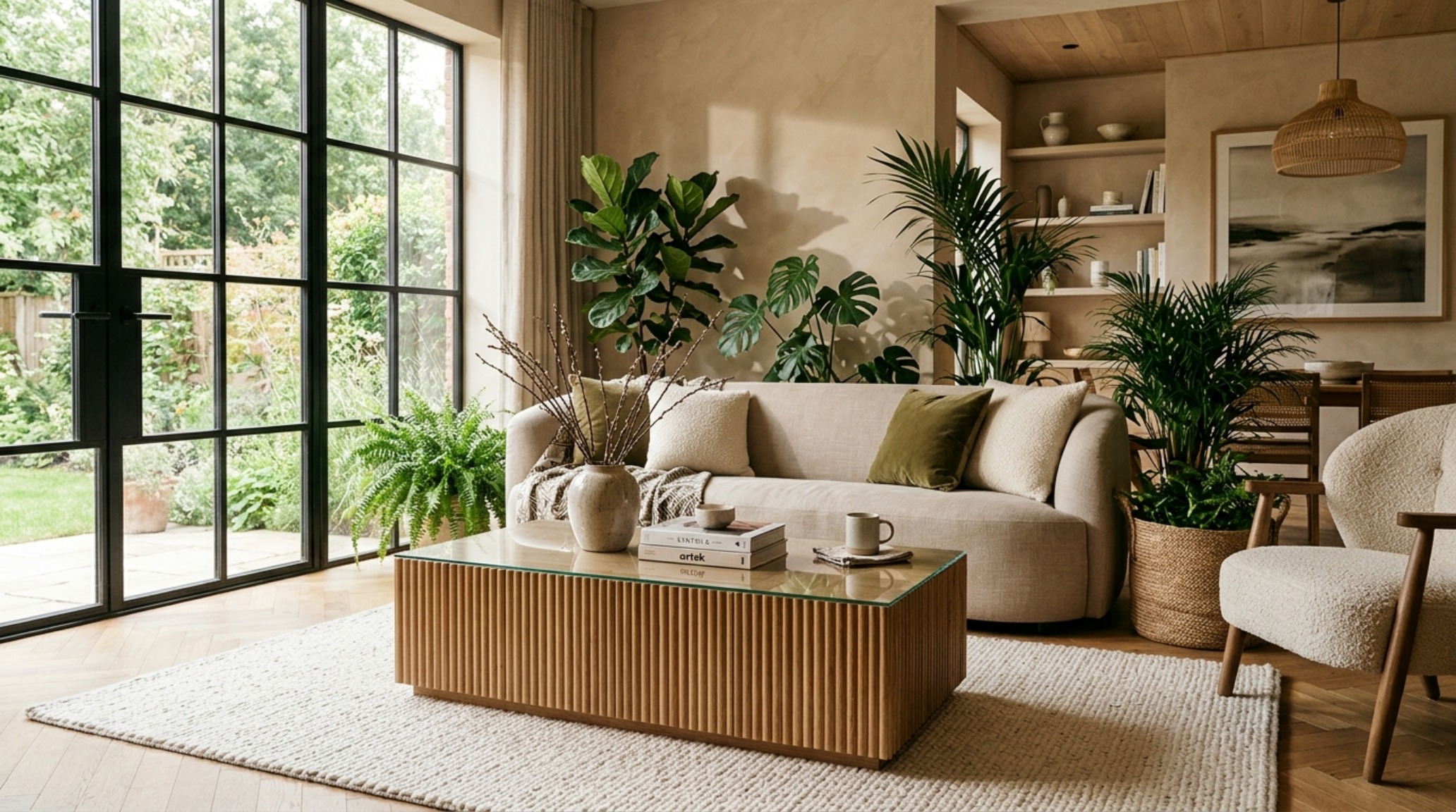 Organic modern glass coffee table styling with fluted white oak legs and a circular glass top, catching natural 35mm lens directional sunlight. Organic modern glass coffee table styling with fluted white oak legs and a circular glass top, catching natural 35mm lens directional sunlight.