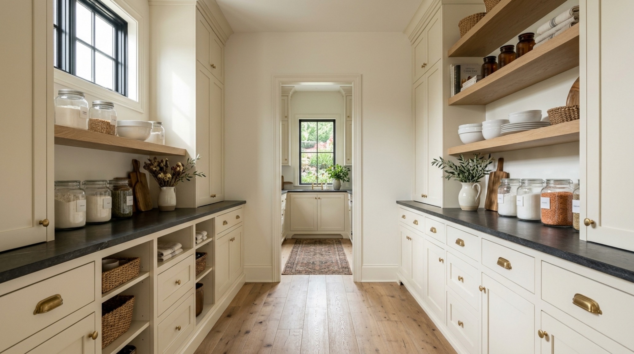 A wide-angle architectural shot of a Joanna Gaines inspired pantry featuring symmetrical open shelving in warm white oak and a central 36-inch clearance walkway. A wide-angle architectural shot of a Joanna Gaines inspired pantry featuring symmetrical open shelving in warm white oak and a central 36-inch clearance walkway.