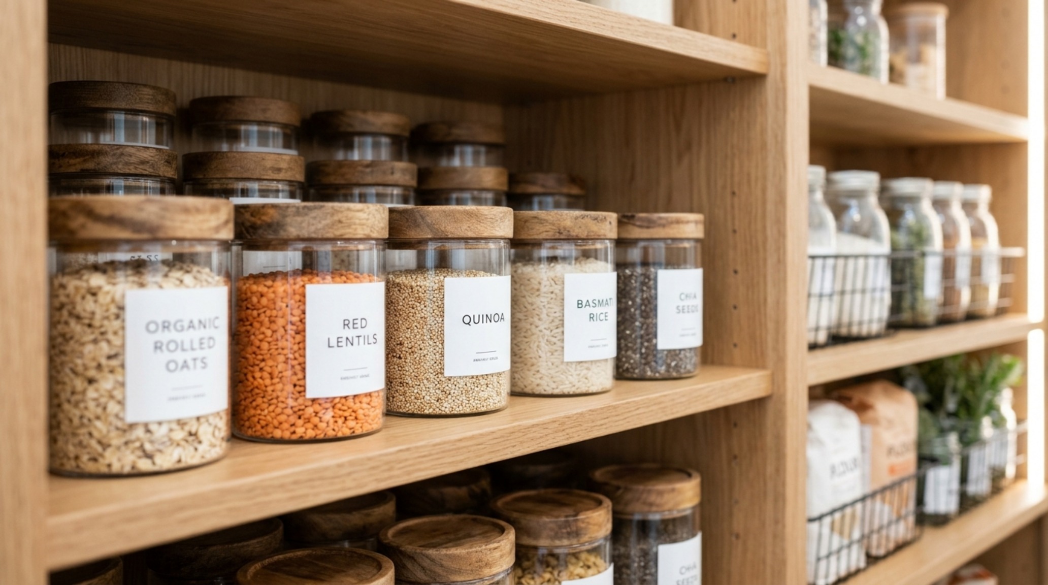 Close-up of small pantry organization ideas showing uniform glass jars with minimalist labels on 12-inch deep shelves, highlighting depth and visibility. Close-up of small pantry organization ideas showing uniform glass jars with minimalist labels on 12-inch deep shelves, highlighting depth and visibility.