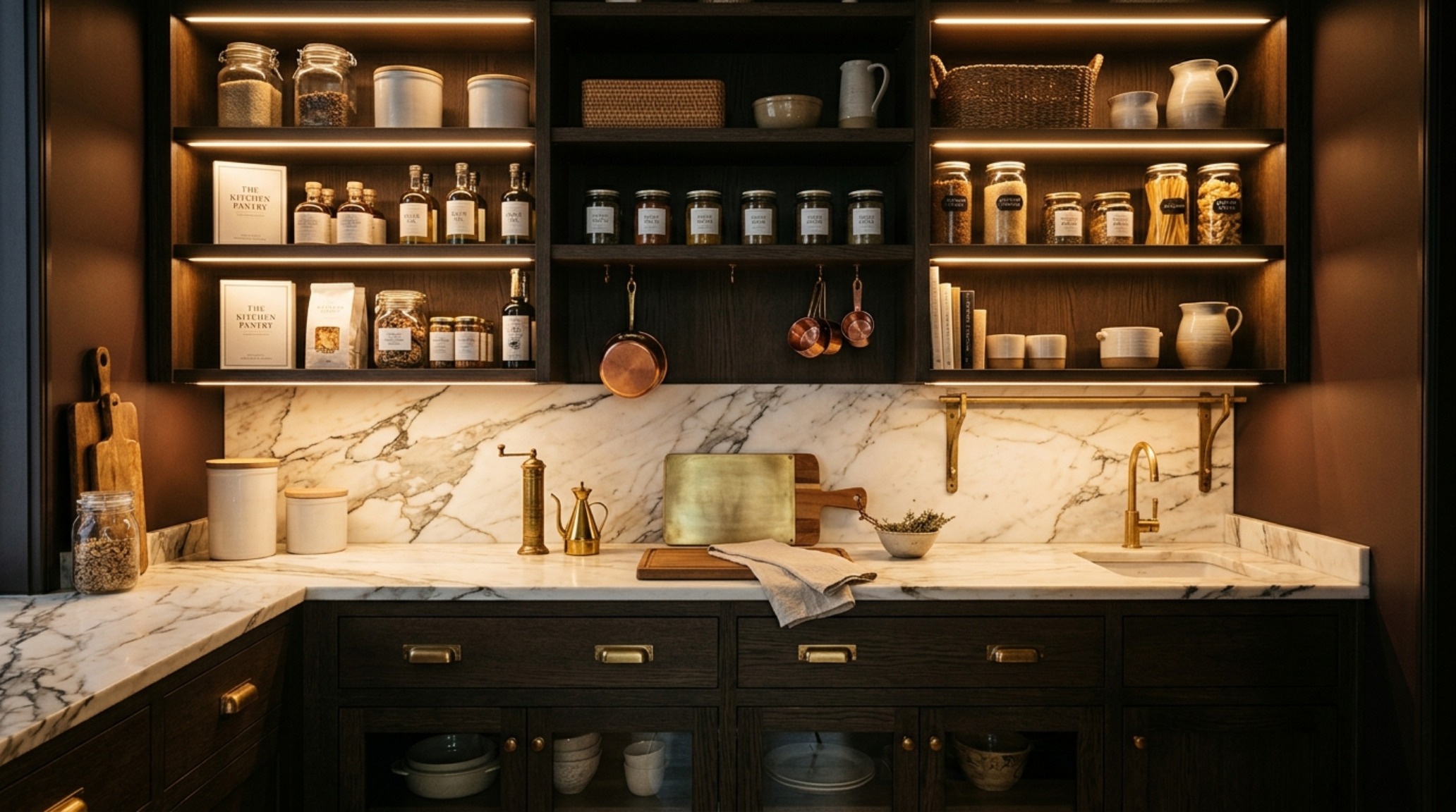 Editorial interior photograph of a luxury pantry with integrated 2700K LED shelf lighting illuminating a honed marble countertop and brass hardware. Editorial interior photograph of a luxury pantry with integrated 2700K LED shelf lighting illuminating a honed marble countertop and brass hardware.