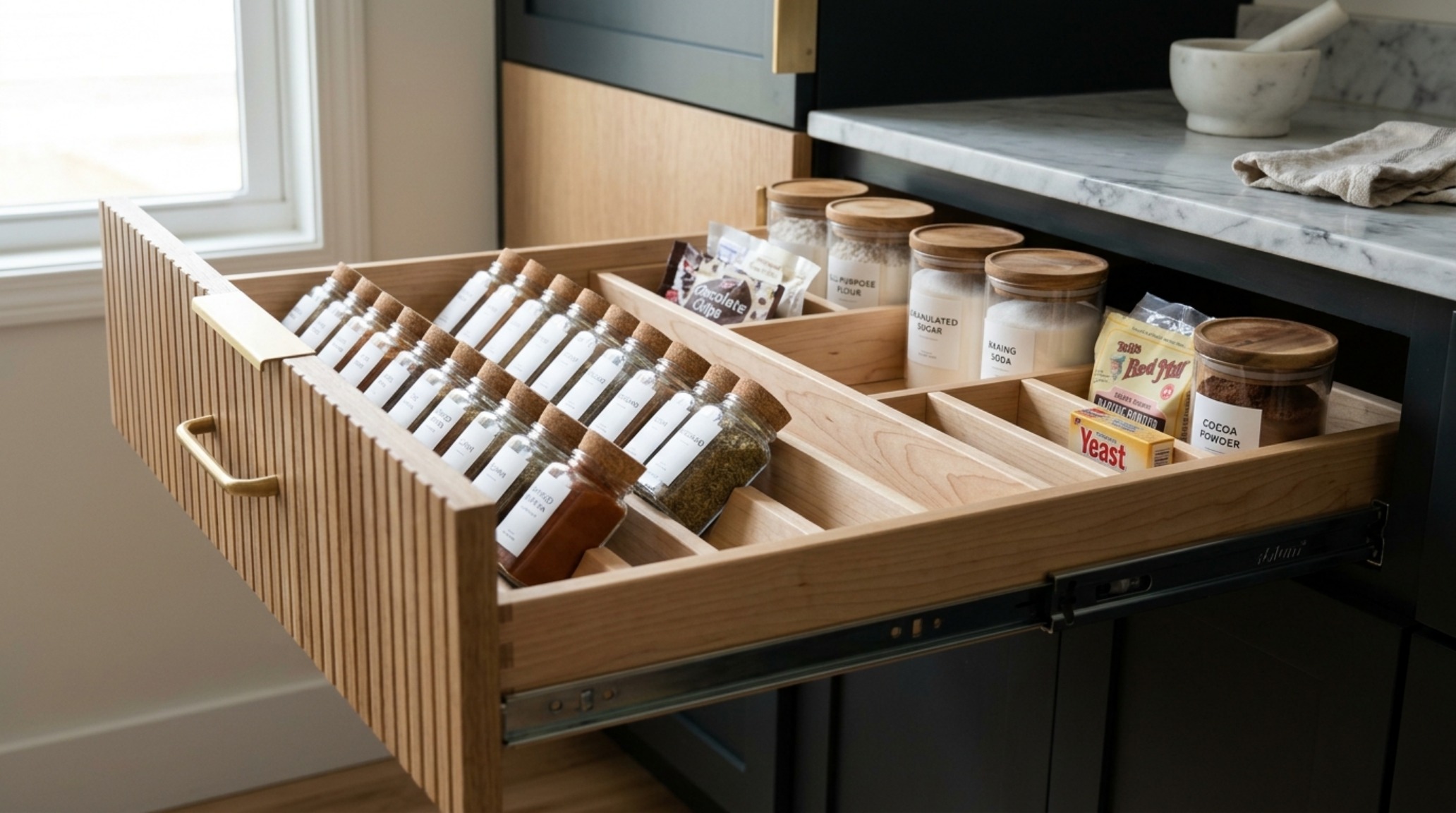 Modern small pantry organization ideas featuring deep pull-out drawers with custom wood dividers and matte black hardware in a compact layout. Modern small pantry organization ideas featuring deep pull-out drawers with custom wood dividers and matte black hardware in a compact layout.