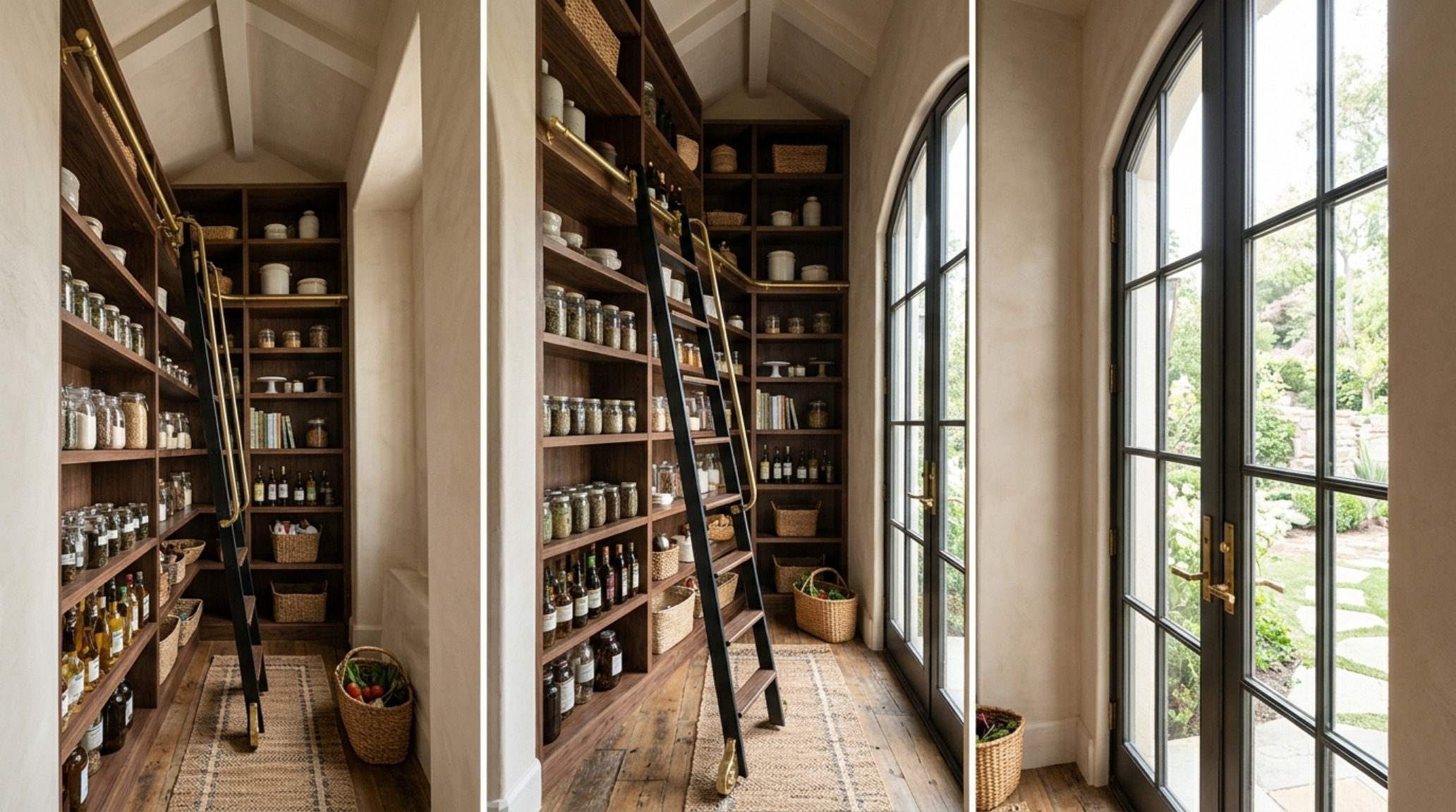 Low-angle shot of a pantry with a rolling library ladder and floor-to-ceiling cabinetry, emphasizing vertical spatial flow and architectural proportions. Low-angle shot of a pantry with a rolling library ladder and floor-to-ceiling cabinetry, emphasizing vertical spatial flow and architectural proportions.