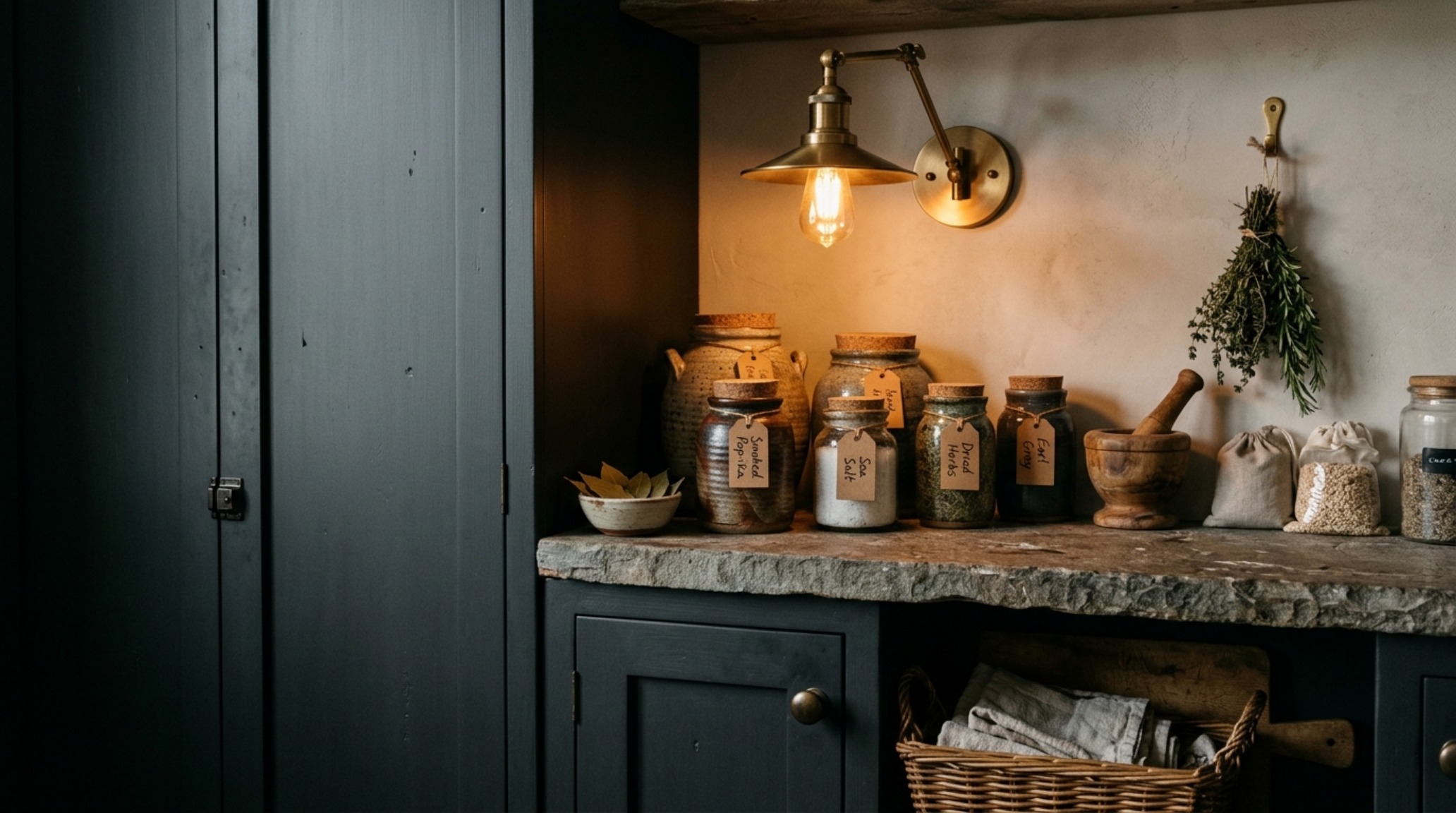 High-end pantry detail featuring unlacquered brass sconces against a dark Iron Ore backdrop, showcasing directional lighting and shadow play. High-end pantry detail featuring unlacquered brass sconces against a dark Iron Ore backdrop, showcasing directional lighting and shadow play.
