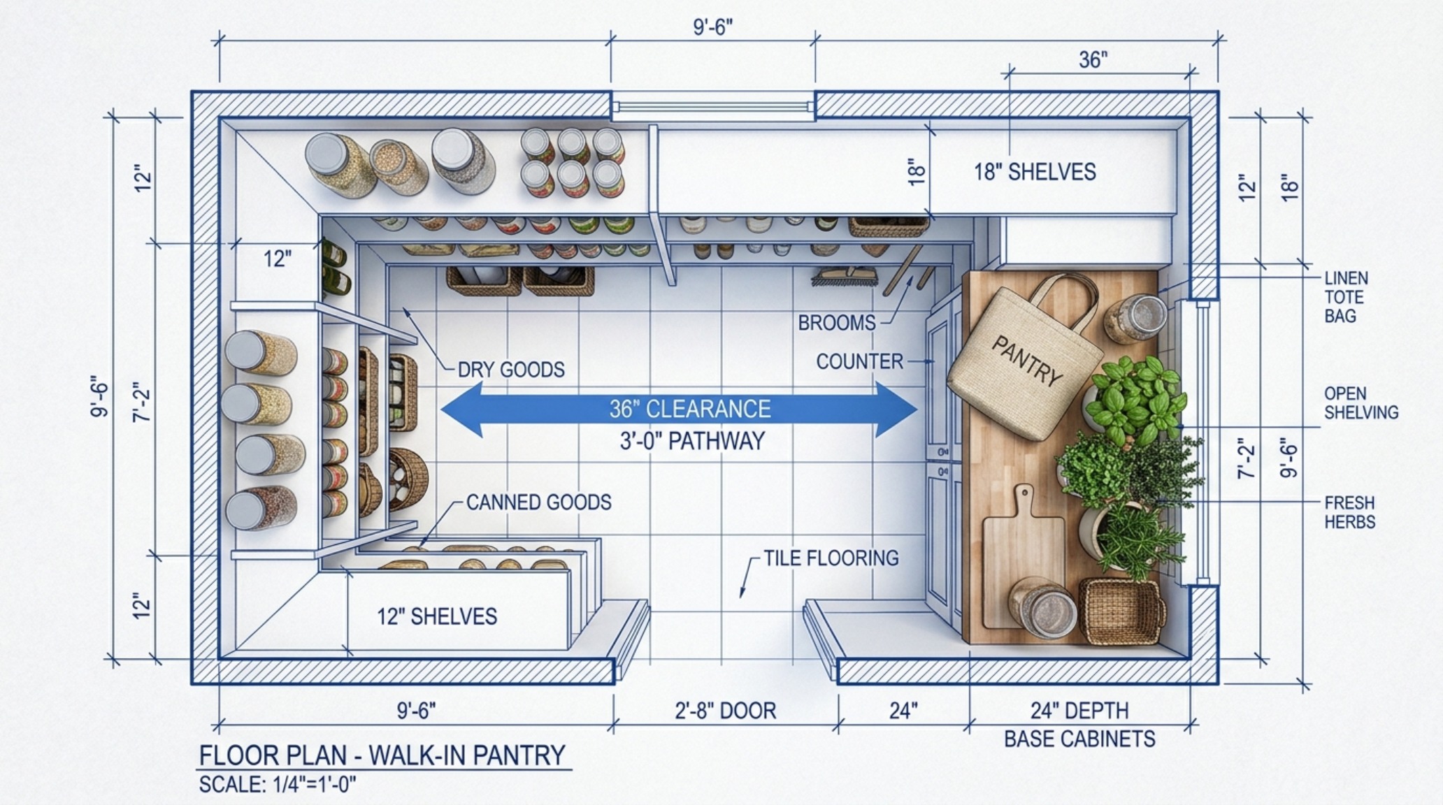 A bird's-eye view of a pantry layout demonstrating ergonomic clearances and the 18-inch landing zone for grocery transition. A bird's-eye view of a pantry layout demonstrating ergonomic clearances and the 18-inch landing zone for grocery transition.