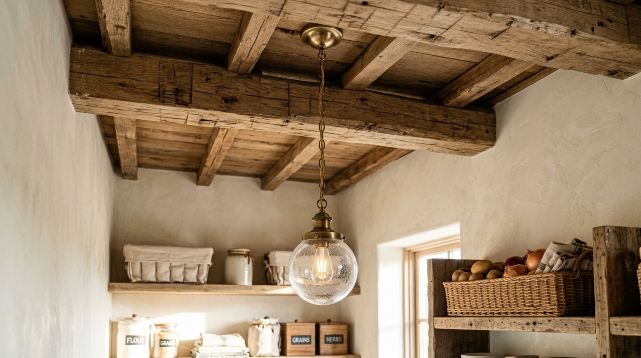 Lush sensory detail of organic materials in a pantry, including wicker baskets, linen liners, and a reclaimed wood ceiling beam ceiling. Lush sensory detail of organic materials in a pantry, including wicker baskets, linen liners, and a reclaimed wood ceiling beam ceiling.