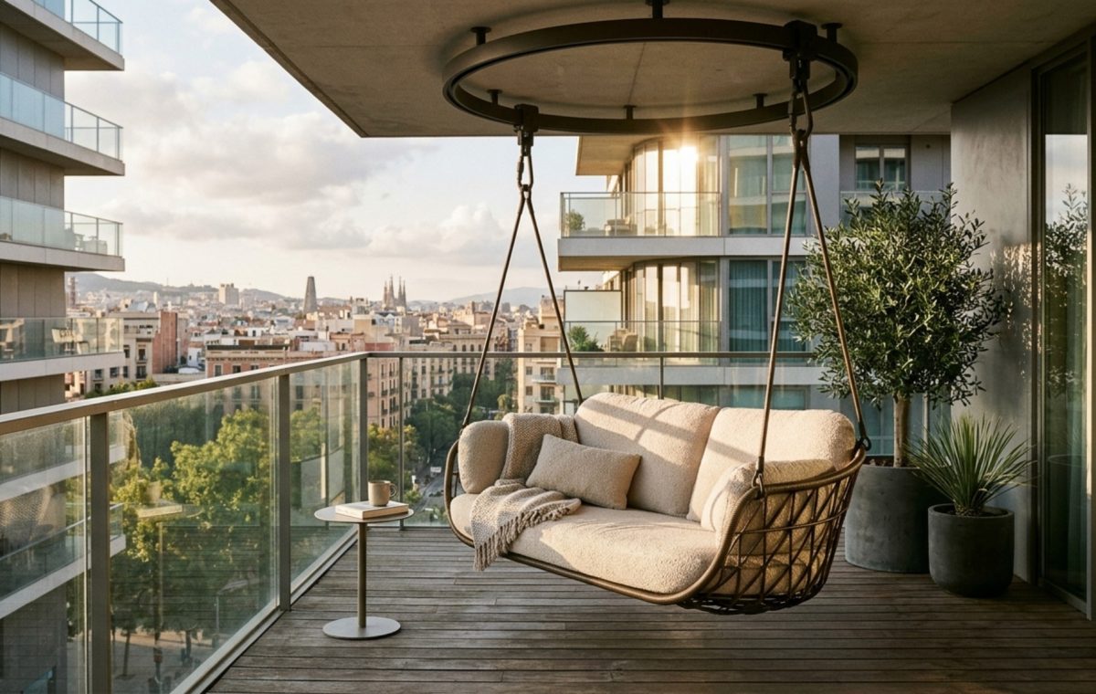 Modern gravity outdoor swing sofa decor ideas featuring a 360-degree rotating hanging chair on a minimalist urban balcony with warm 2700K lighting.