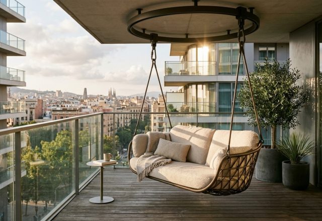 Modern gravity outdoor swing sofa decor ideas featuring a 360-degree rotating hanging chair on a minimalist urban balcony with warm 2700K lighting.
