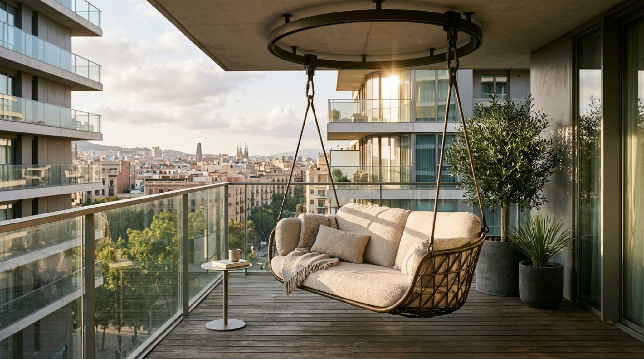 Modern gravity outdoor swing sofa decor ideas featuring a 360-degree rotating hanging chair on a minimalist urban balcony with warm 2700K lighting. Modern gravity outdoor swing sofa decor ideas featuring a 360-degree rotating hanging chair on a minimalist urban balcony with warm 2700K lighting.