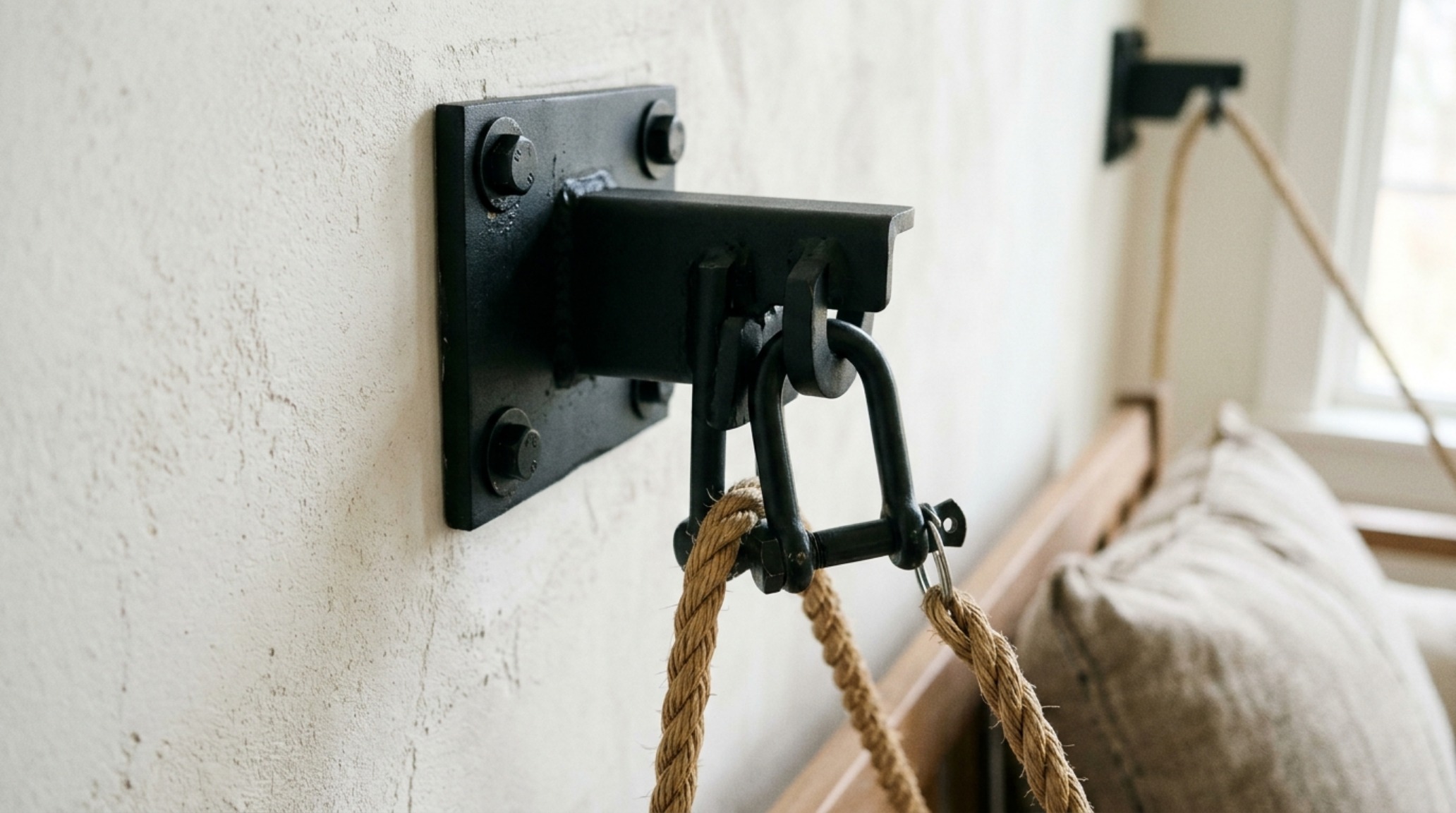 Architectural detail of a luxury patio swing daybed showing the high-tensile steel mounting hardware and braided rope suspension against a limewash wall. Architectural detail of a luxury patio swing daybed showing the high-tensile steel mounting hardware and braided rope suspension against a limewash wall.