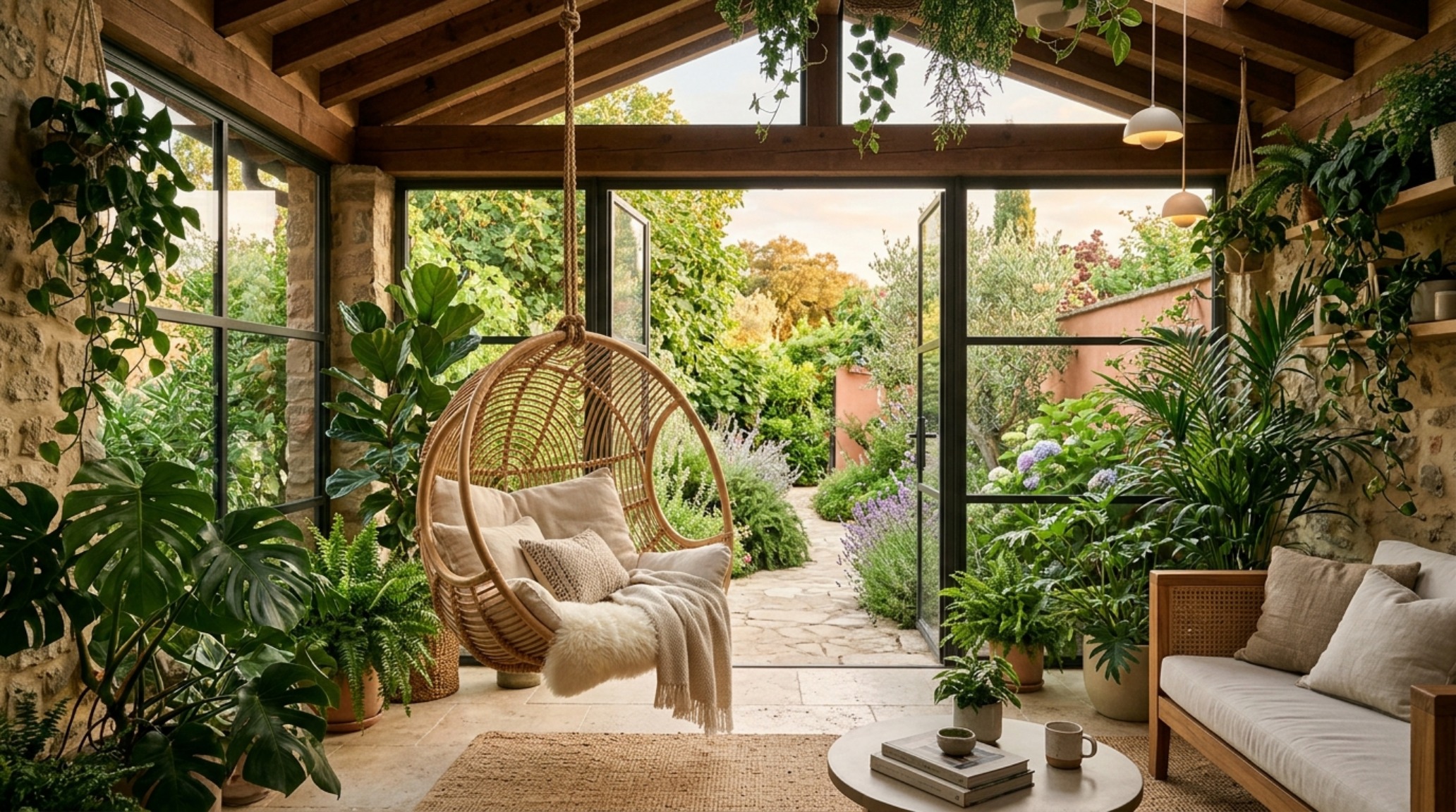 Biophilic design inspiration with a Roberti Rattan style hanging chair surrounded by lush greenery and floor-to-ceiling glass windows. Biophilic design inspiration with a Roberti Rattan style hanging chair surrounded by lush greenery and floor-to-ceiling glass windows.