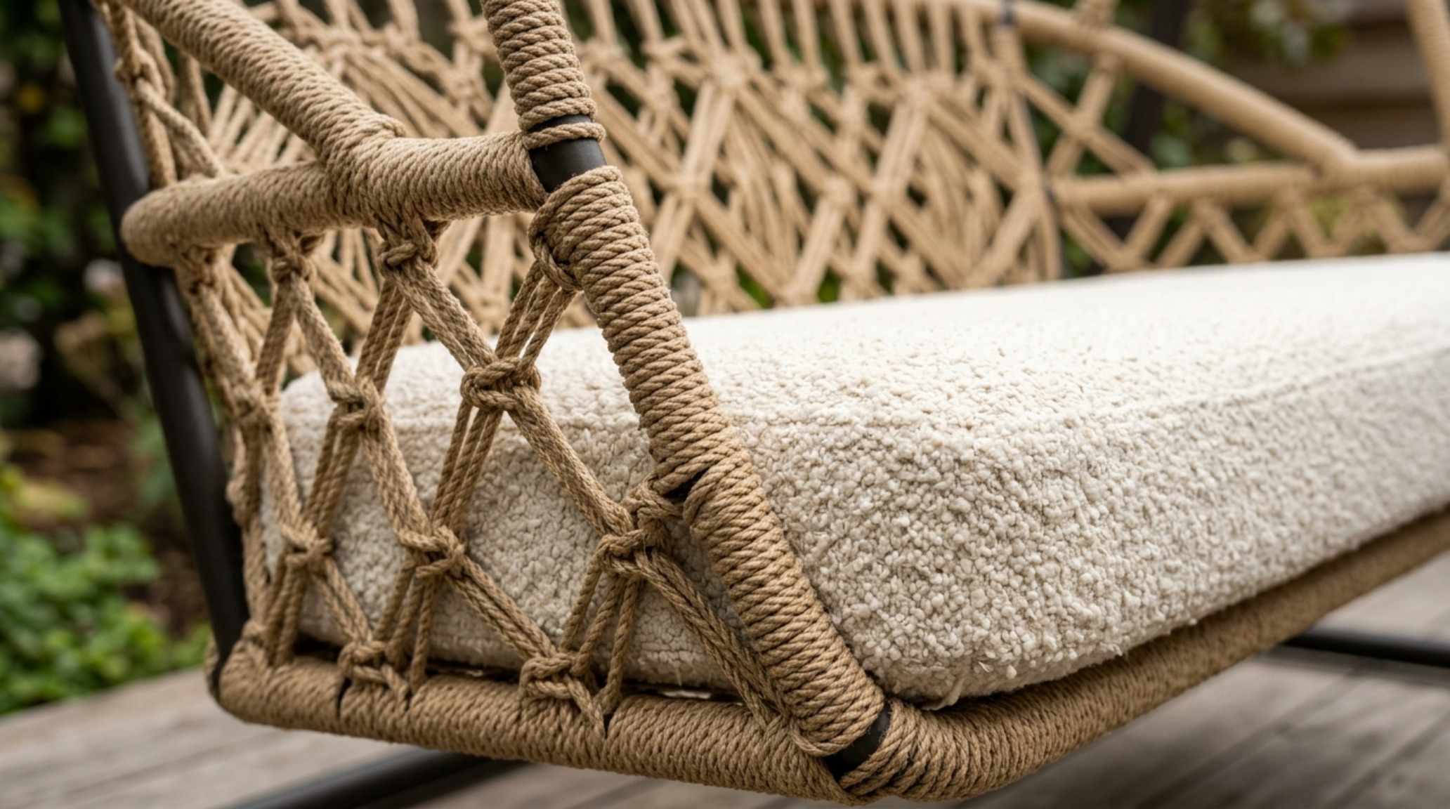 Tactile material study of a gravity outdoor swing sofa showcasing performance bouclé upholstery and hand-woven charcoal rattan textures. Tactile material study of a gravity outdoor swing sofa showcasing performance bouclé upholstery and hand-woven charcoal rattan textures.