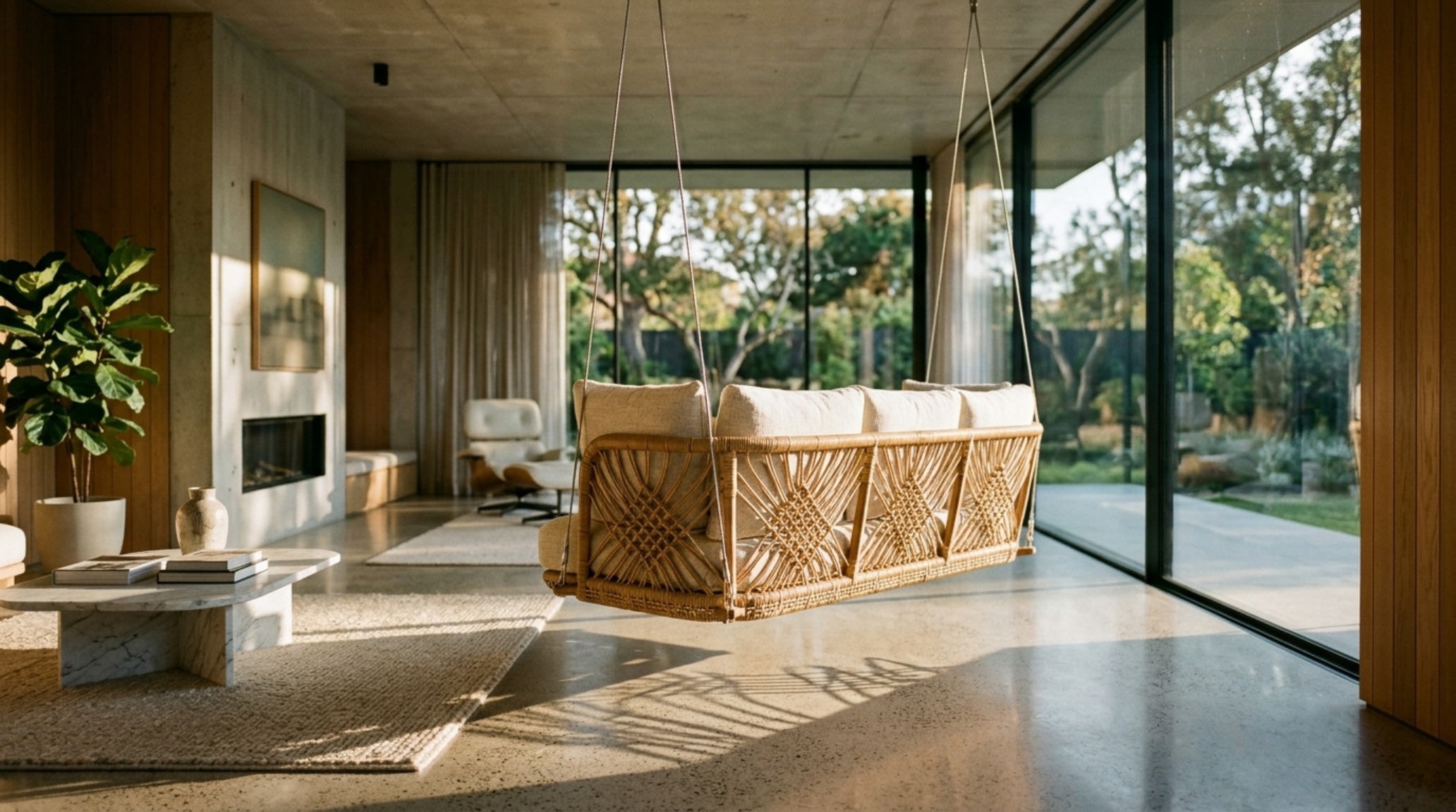 Aesthetic gravity outdoor swing sofa interior with a suspended sofa positioned in a sun-drenched corner for maximum shadow play effects. Aesthetic gravity outdoor swing sofa interior with a suspended sofa positioned in a sun-drenched corner for maximum shadow play effects.