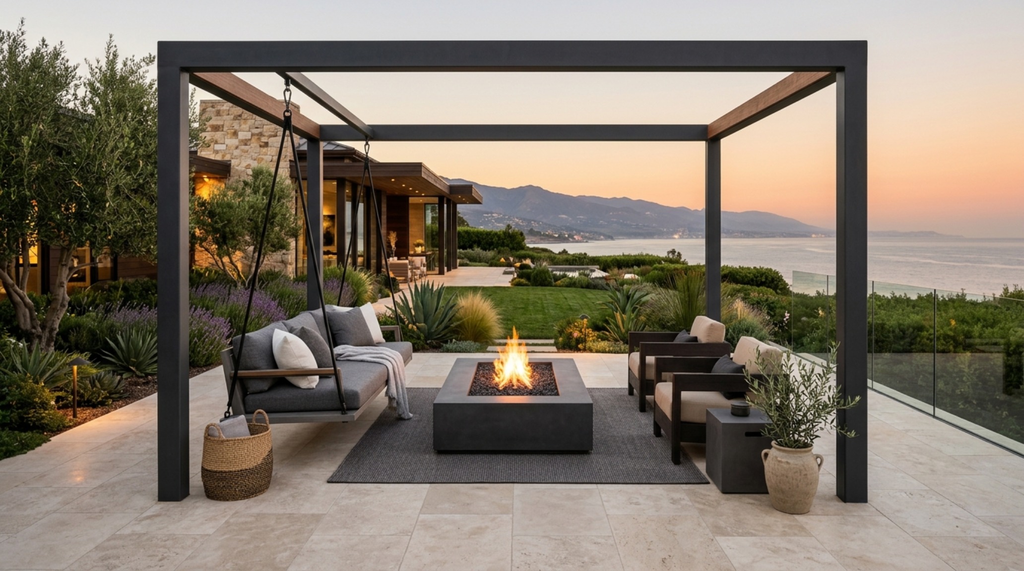 Modern patio furniture arrangement featuring a gravity swing sofa in Farrow & Ball Setting Plaster tones and brushed bronze accents. Modern patio furniture arrangement featuring a gravity swing sofa in Farrow & Ball Setting Plaster tones and brushed bronze accents.
