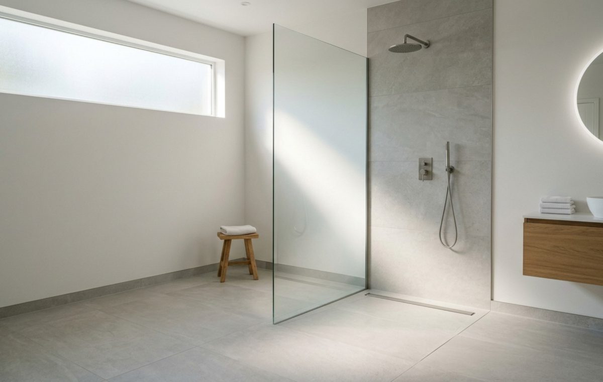 curbless wet room design featuring a seamless transition from light gray porcelain floor tiles to a minimalist glass-enclosed shower with a concealed linear drain