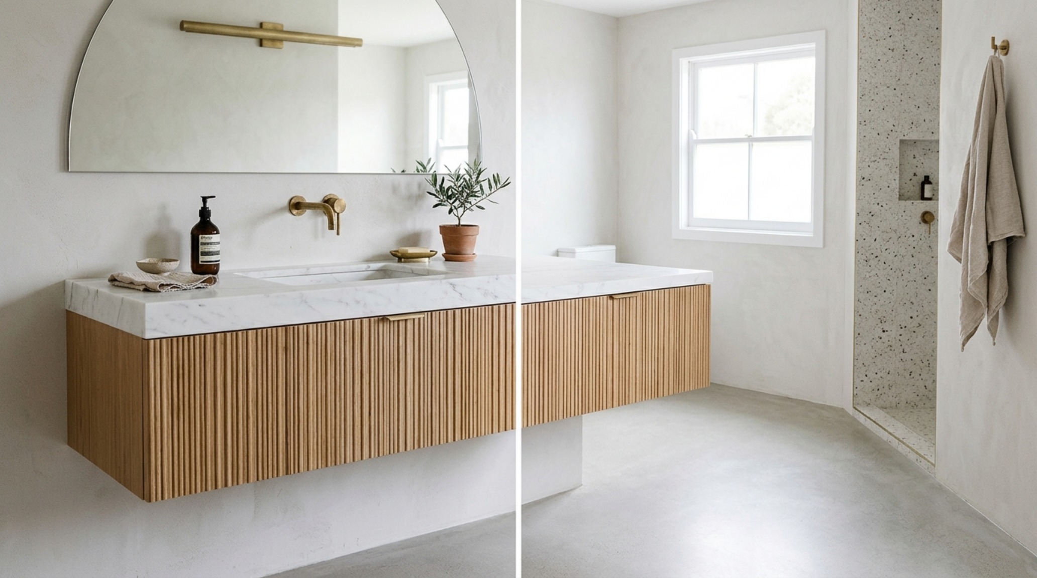 floating vanity placement in a compact bathroom using fluted white oak cabinetry and a wall-mounted brass faucet to maximize floor-plane continuity