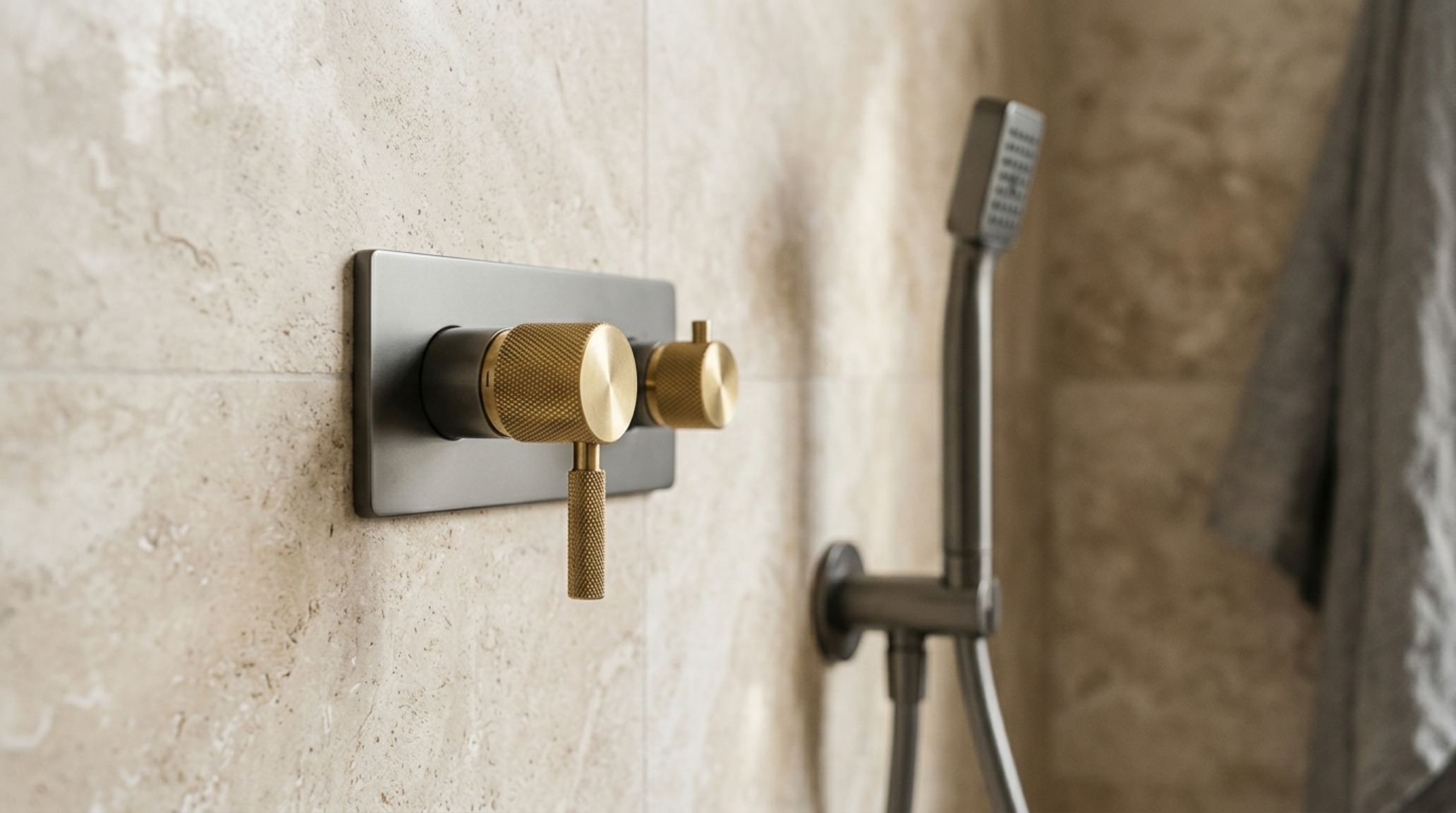 compact luxury fixtures including a knurled brass thermostatic mixer and a matte gunmetal shower head against a backdrop of honed travertine