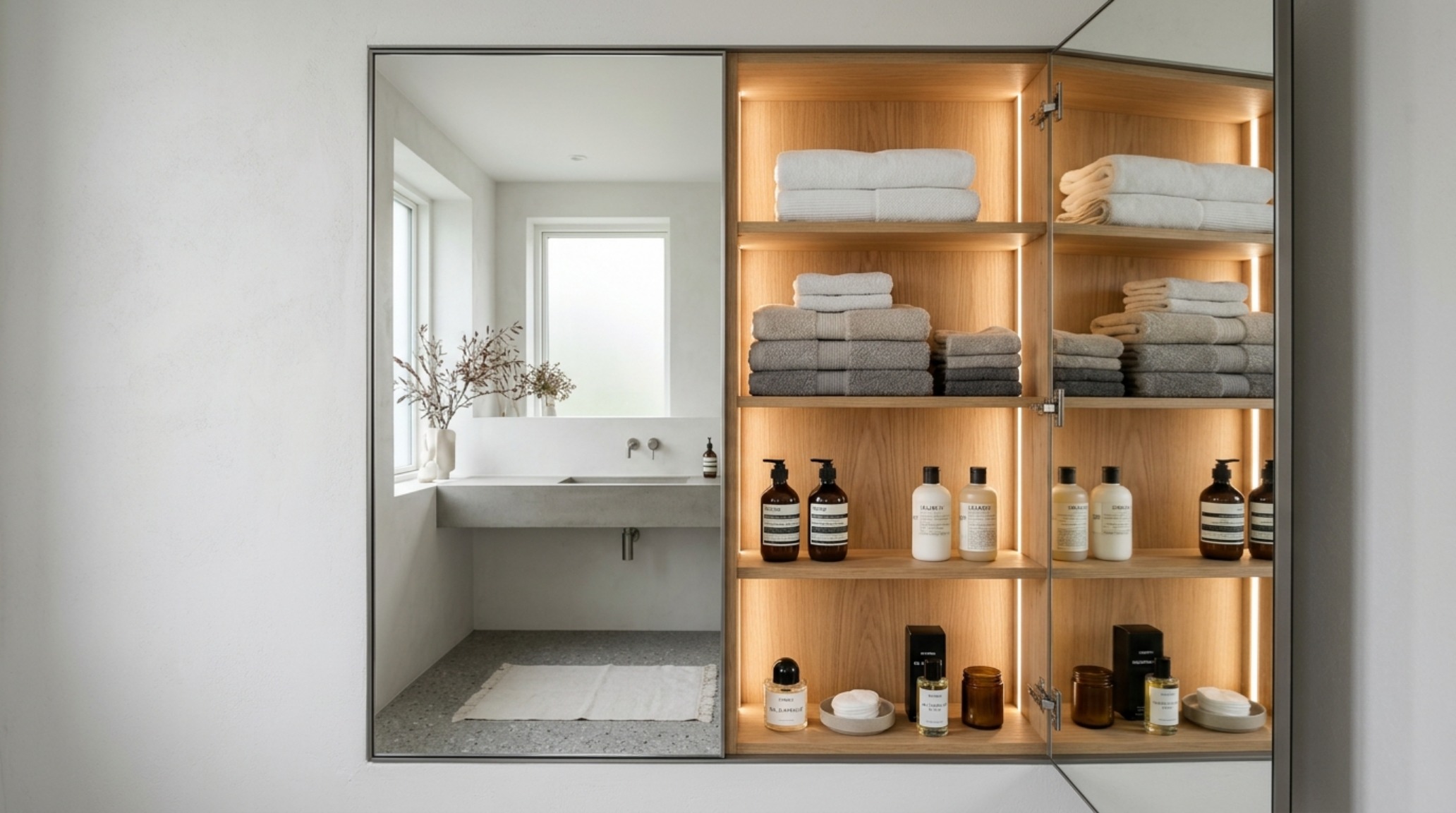 vertical bathroom storage solution with a floor-to-ceiling recessed medicine cabinet and integrated 3000K high-CRI task lighting for precision morning routines