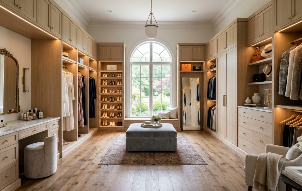 luxury dressing room ideas featuring an expansive open-plan layout with white oak custom cabinetry and 36-inch ergonomic walkways