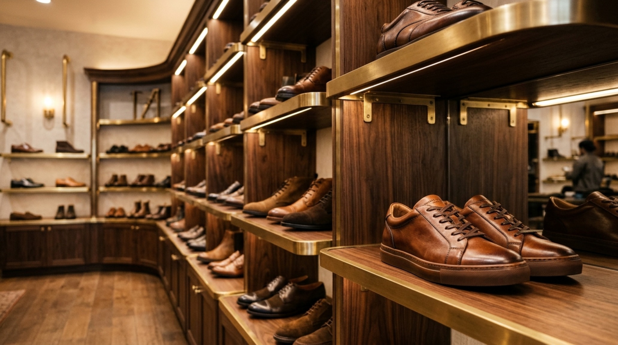 shoe wall display design featuring angled wooden shelves and integrated task lighting for a high-end retail experience shoe wall display design featuring angled wooden shelves and integrated task lighting for a high-end retail experience