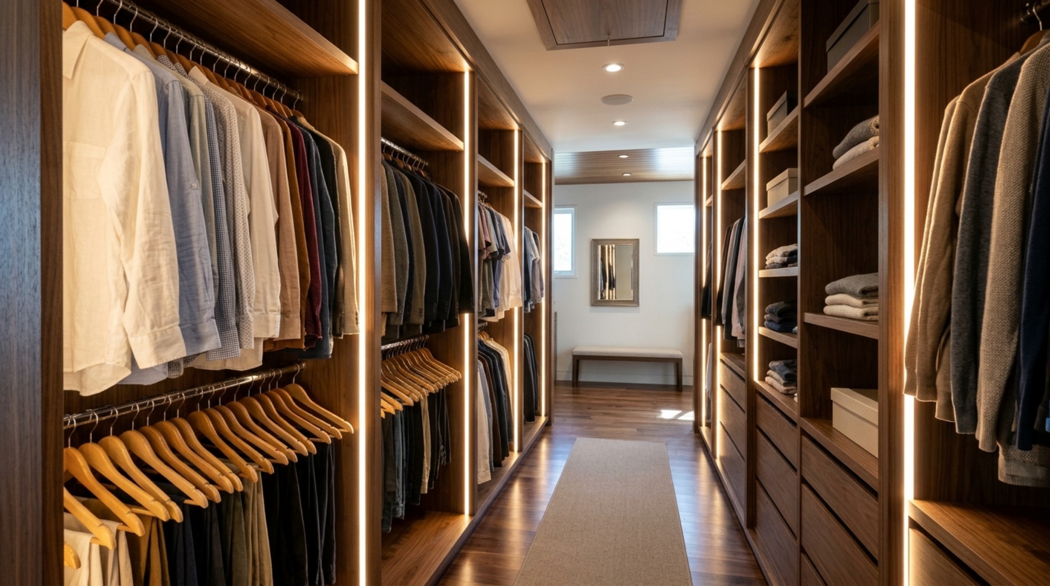 integrated LED closet lighting with 3000K linear tape lights recessed into white oak gables for shadow-free visibility integrated LED closet lighting with 3000K linear tape lights recessed into white oak gables for shadow-free visibility