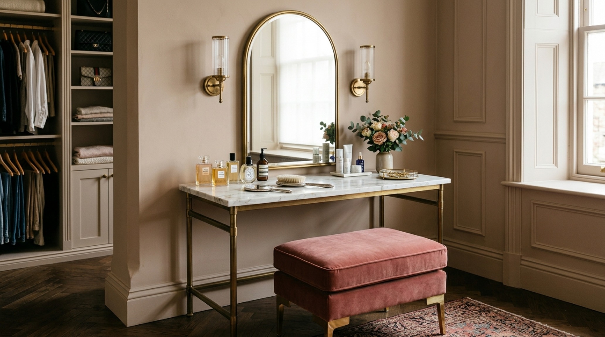 luxury dressing room ideas with a dedicated vanity area finished in Farrow and Ball Setting Plaster and soft ambient 2700K lighting luxury dressing room ideas with a dedicated vanity area finished in Farrow and Ball Setting Plaster and soft ambient 2700K lighting