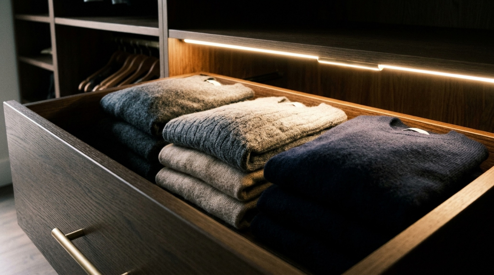 integrated LED closet lighting highlights the textures of a luxury garment collection with a high CRI of 92 plus integrated LED closet lighting highlights the textures of a luxury garment collection with a high CRI of 92 plus