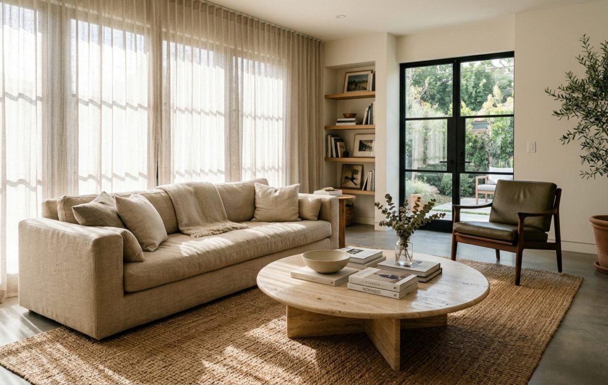 functional living room layouts featuring low-profile linen sofas, a 36-inch clear circulation path, and a honed travertine coffee table under soft natural light