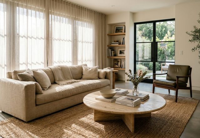 functional living room layouts featuring low-profile linen sofas, a 36-inch clear circulation path, and a honed travertine coffee table under soft natural light