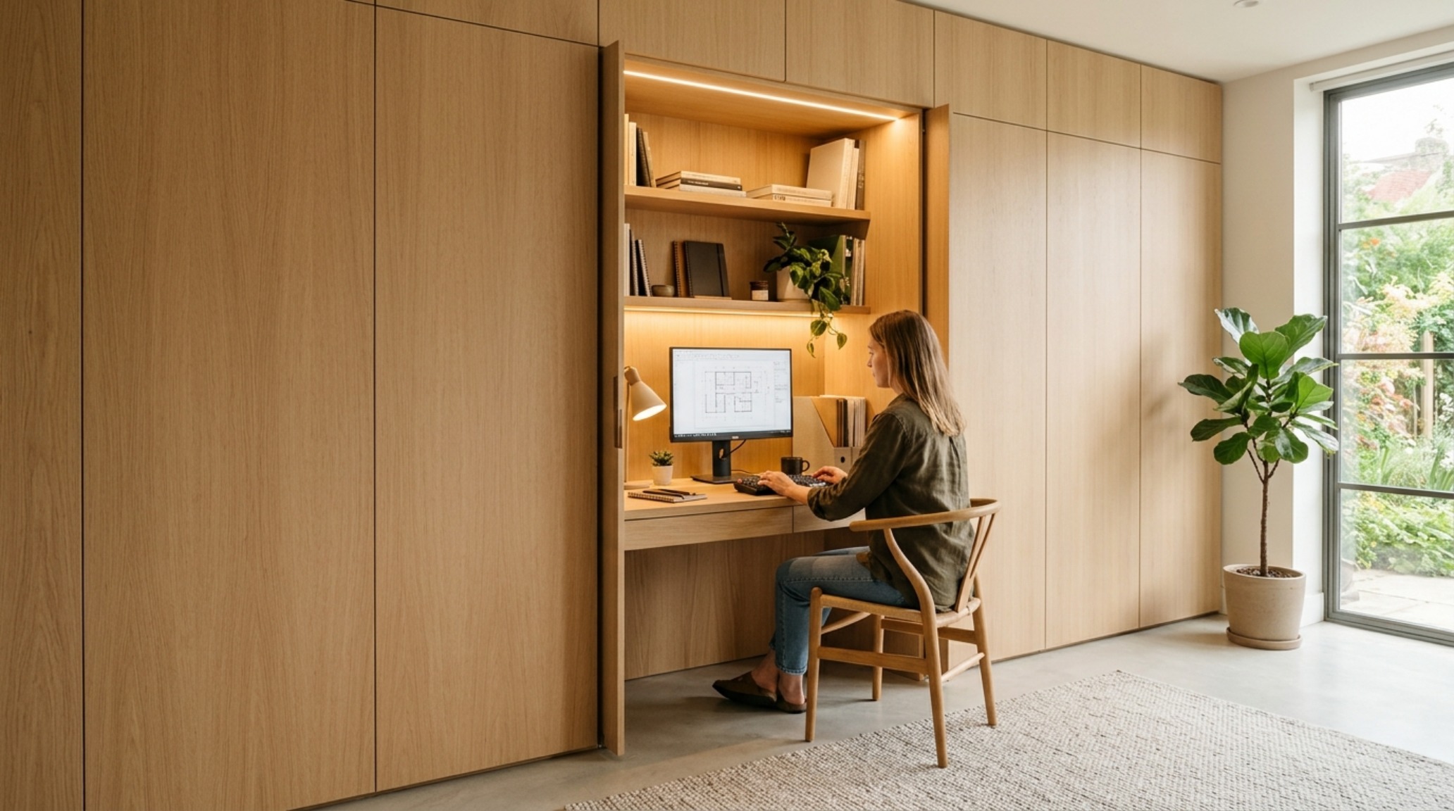 small house interior design solutions showcasing built-in floor-to-ceiling oak cabinetry with integrated LED lighting and a hidden workspace small house interior design solutions showcasing built-in floor-to-ceiling oak cabinetry with integrated LED lighting and a hidden workspace